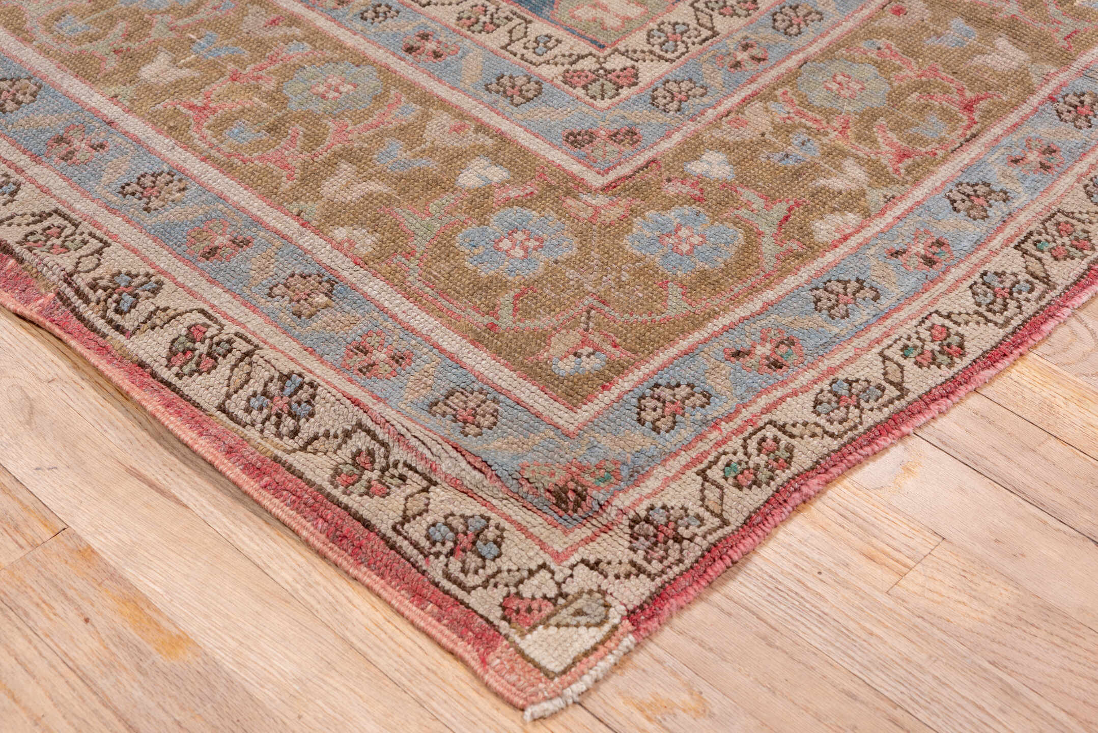 7' x 11' one-of-a-kind handmade vintage Oushak large size rug. Color palette: rose, powder_blue, taupe, ivory, dusty_blue