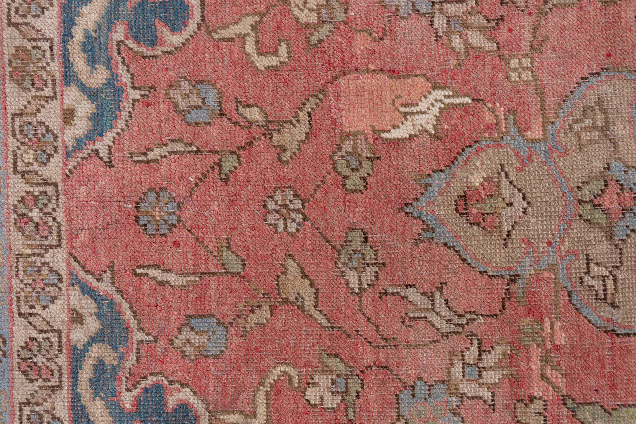 7' x 11' one-of-a-kind handmade vintage Oushak large size rug. Color palette: rose, powder_blue, taupe, ivory, dusty_blue