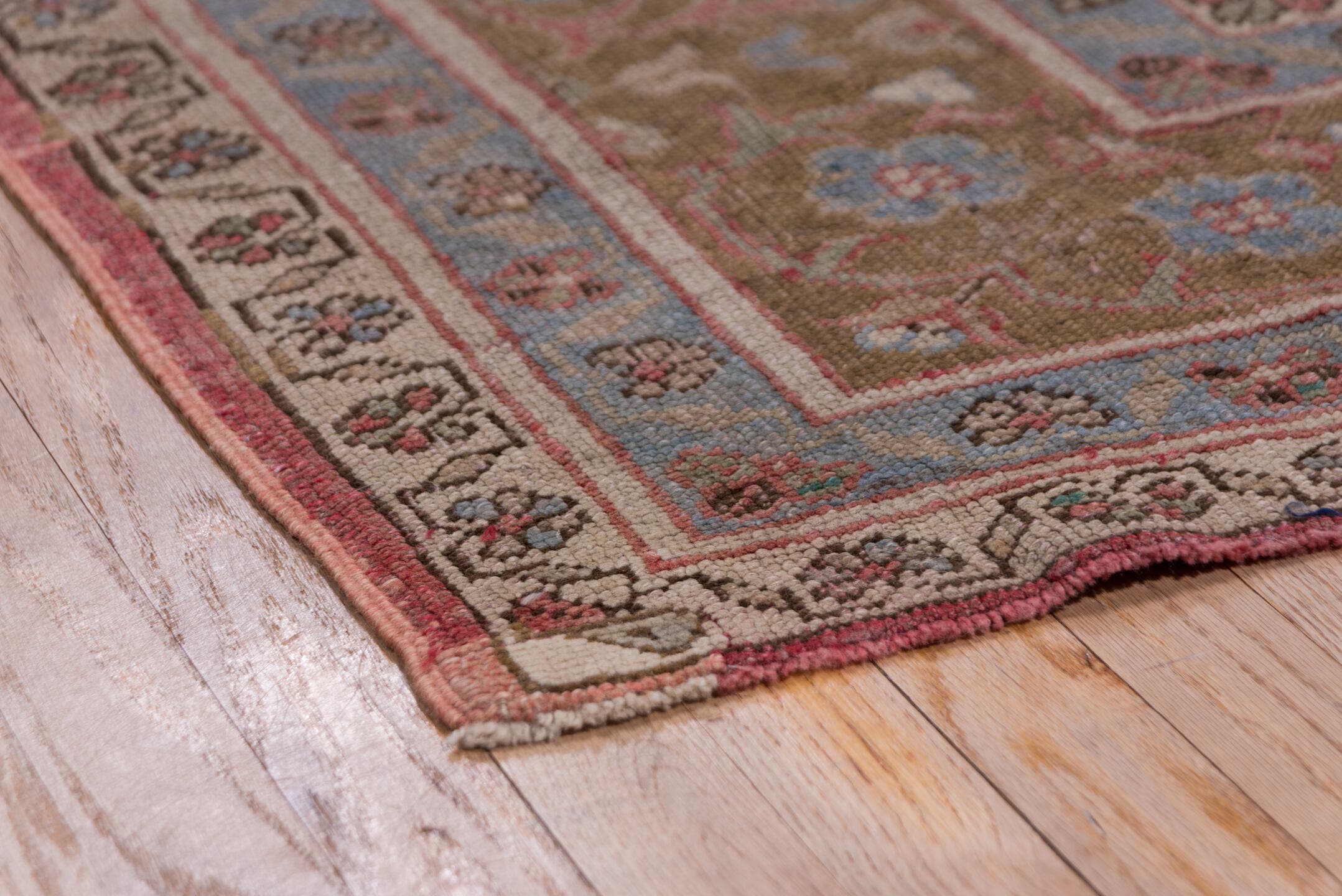 7' x 11' one-of-a-kind handmade vintage Oushak large size rug. Color palette: rose, powder_blue, taupe, ivory, dusty_blue