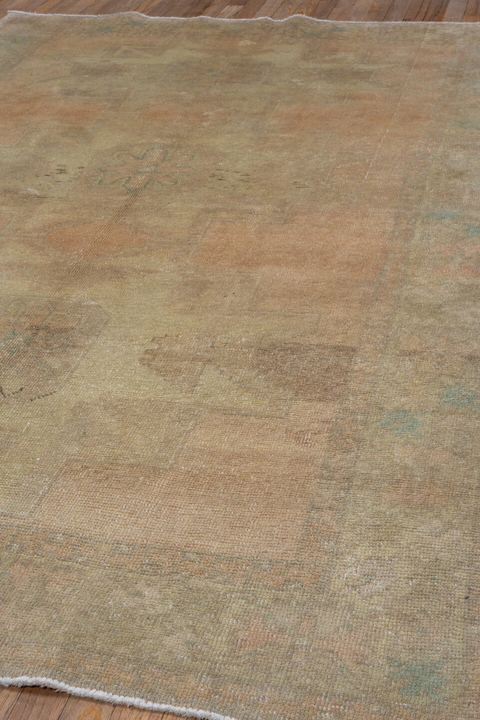 5' x 8' one-of-a-kind handmade vintage Oushak medium size rug. Color palette: beige, blush, ivory, taupe, sage, camel, pink