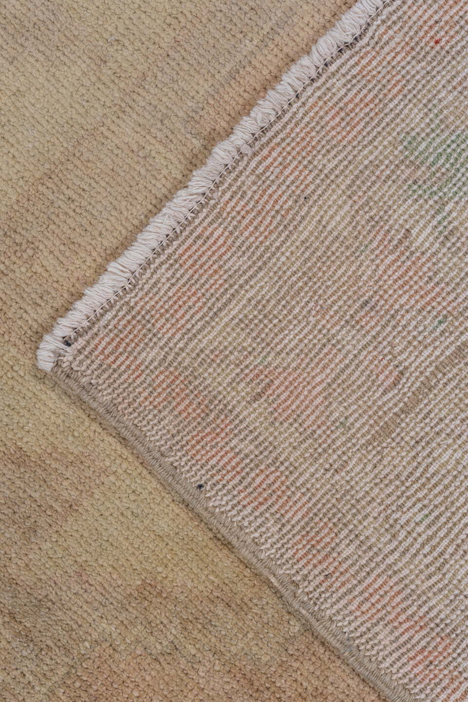 5' x 8' one-of-a-kind handmade vintage Oushak medium size rug. Color palette: beige, blush, ivory, taupe, sage, camel, pink