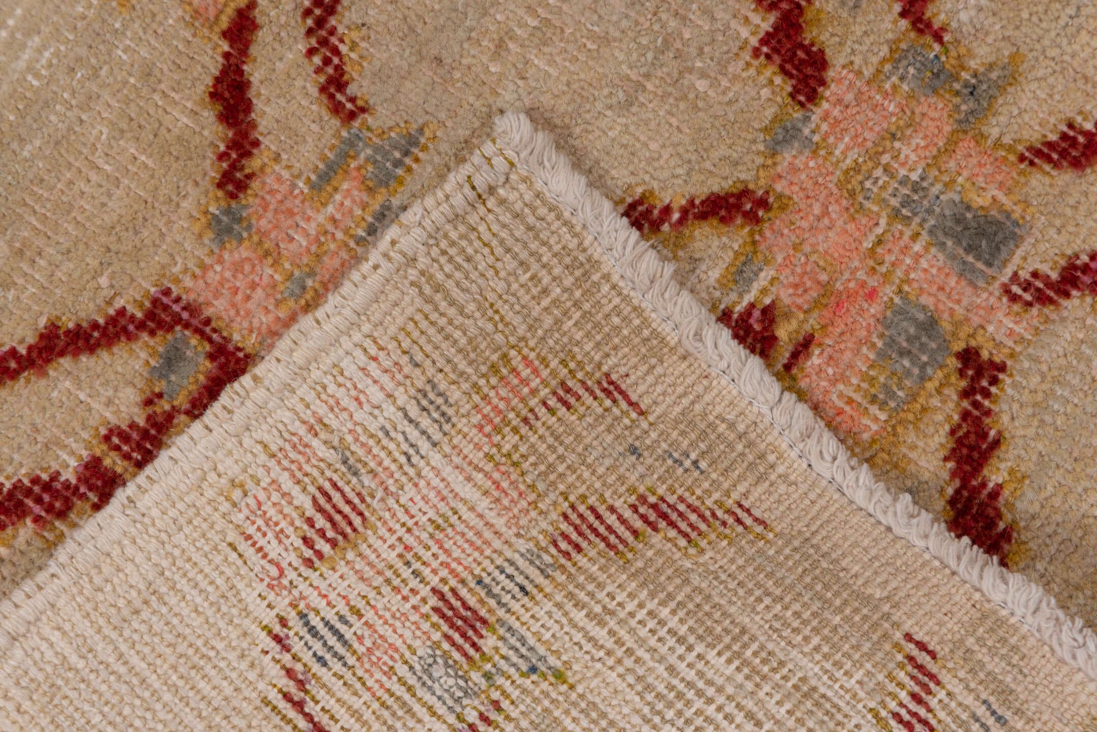 6' x 9' one-of-a-kind handmade vintage Konya medium size rug. Color palette: camel, rust, blush, pale_blue, beige