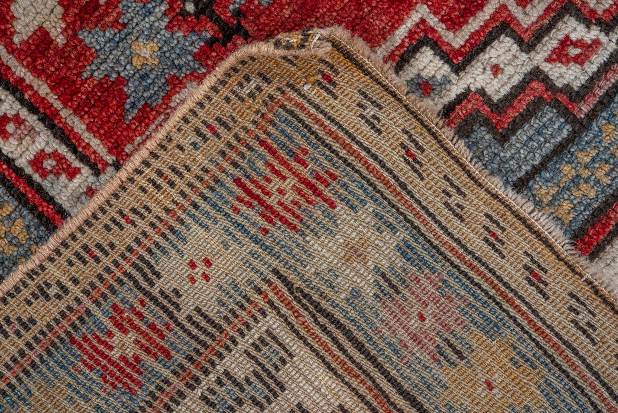 4' x 5' one-of-a-kind handmade vintage Oushak small size rug. Color palette: red, ivory, light blue, taupe, brown, charcoal