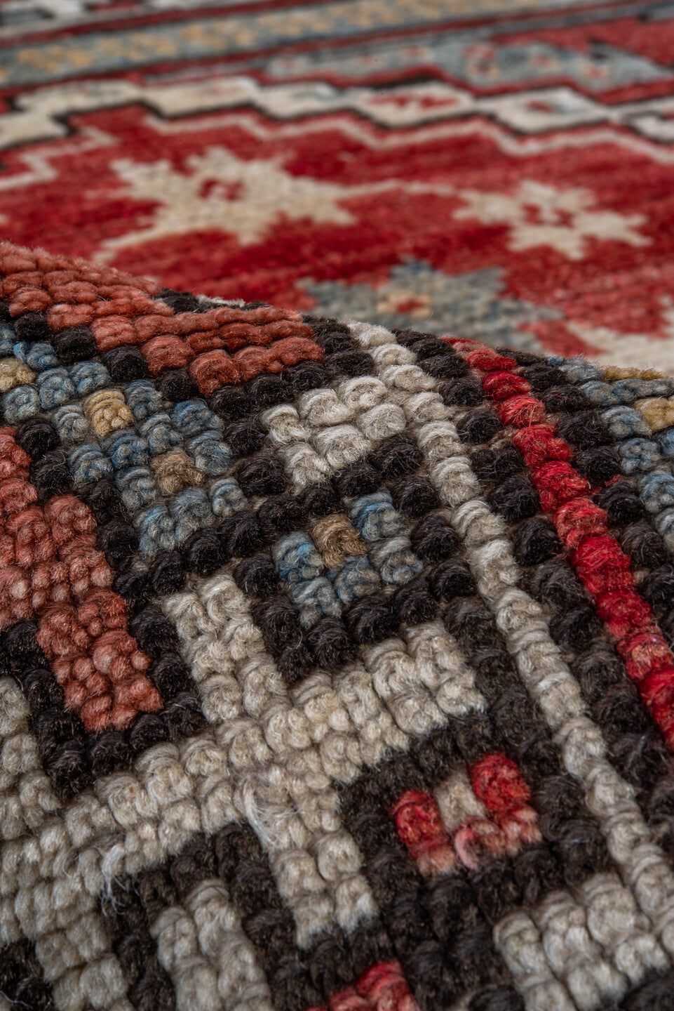 4' x 5' one-of-a-kind handmade vintage Oushak small size rug. Color palette: red, ivory, light blue, taupe, brown, charcoal