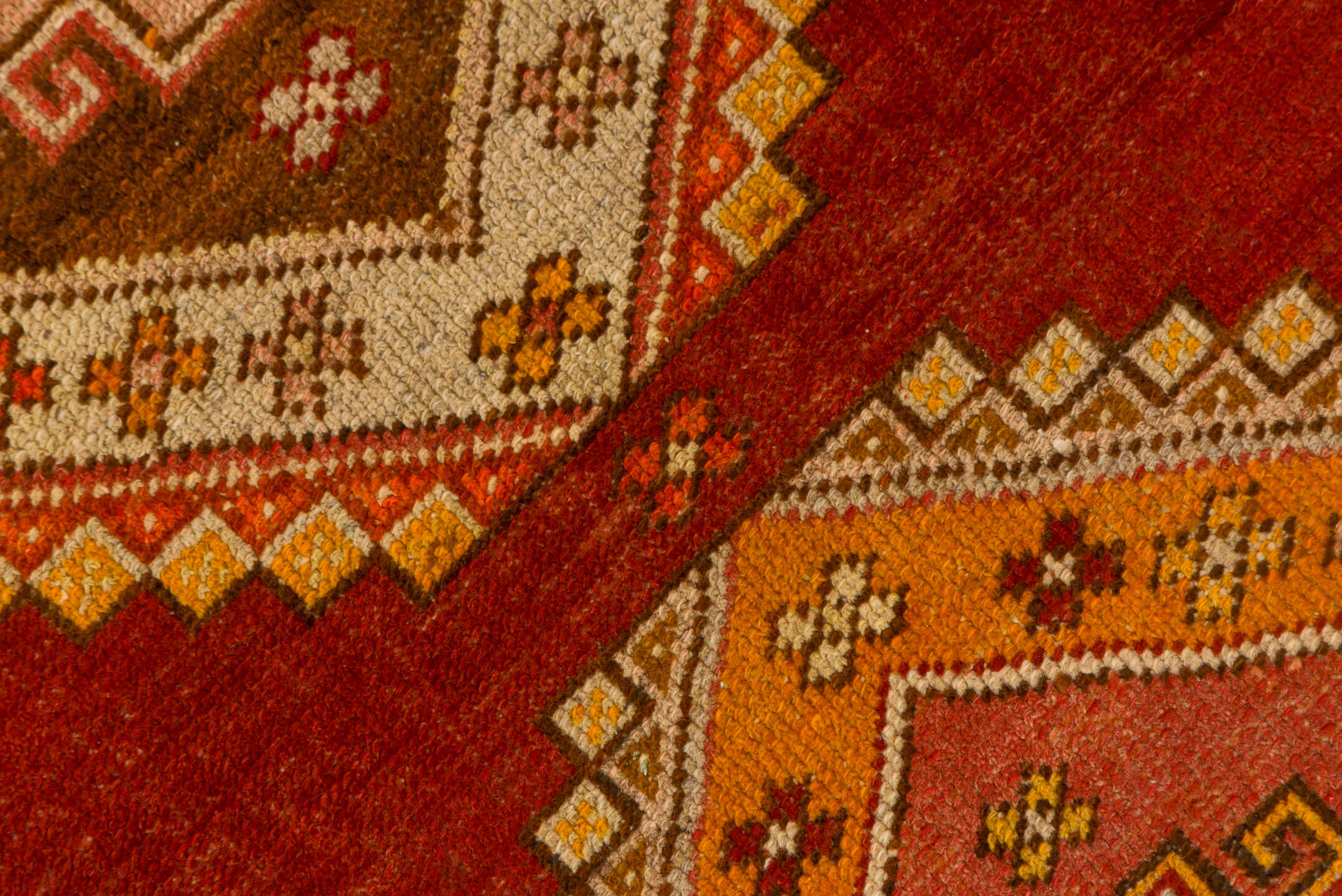 3' x 11' one-of-a-kind handmade vintage Oushak runner rug. Color palette: red, ivory, orange, gold, rose, taupe, rust