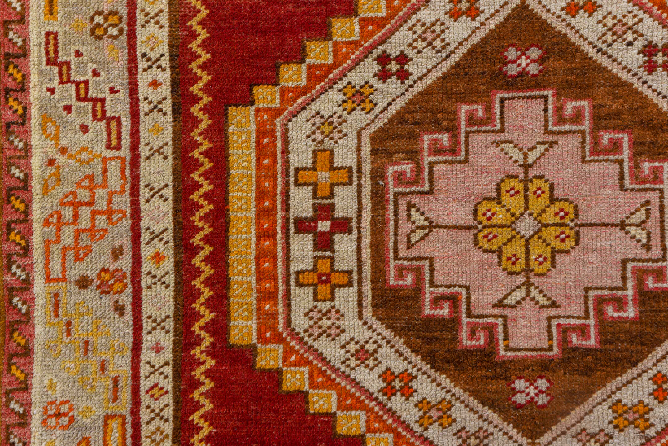 3' x 11' one-of-a-kind handmade vintage Oushak runner rug. Color palette: red, ivory, orange, gold, rose, taupe, rust