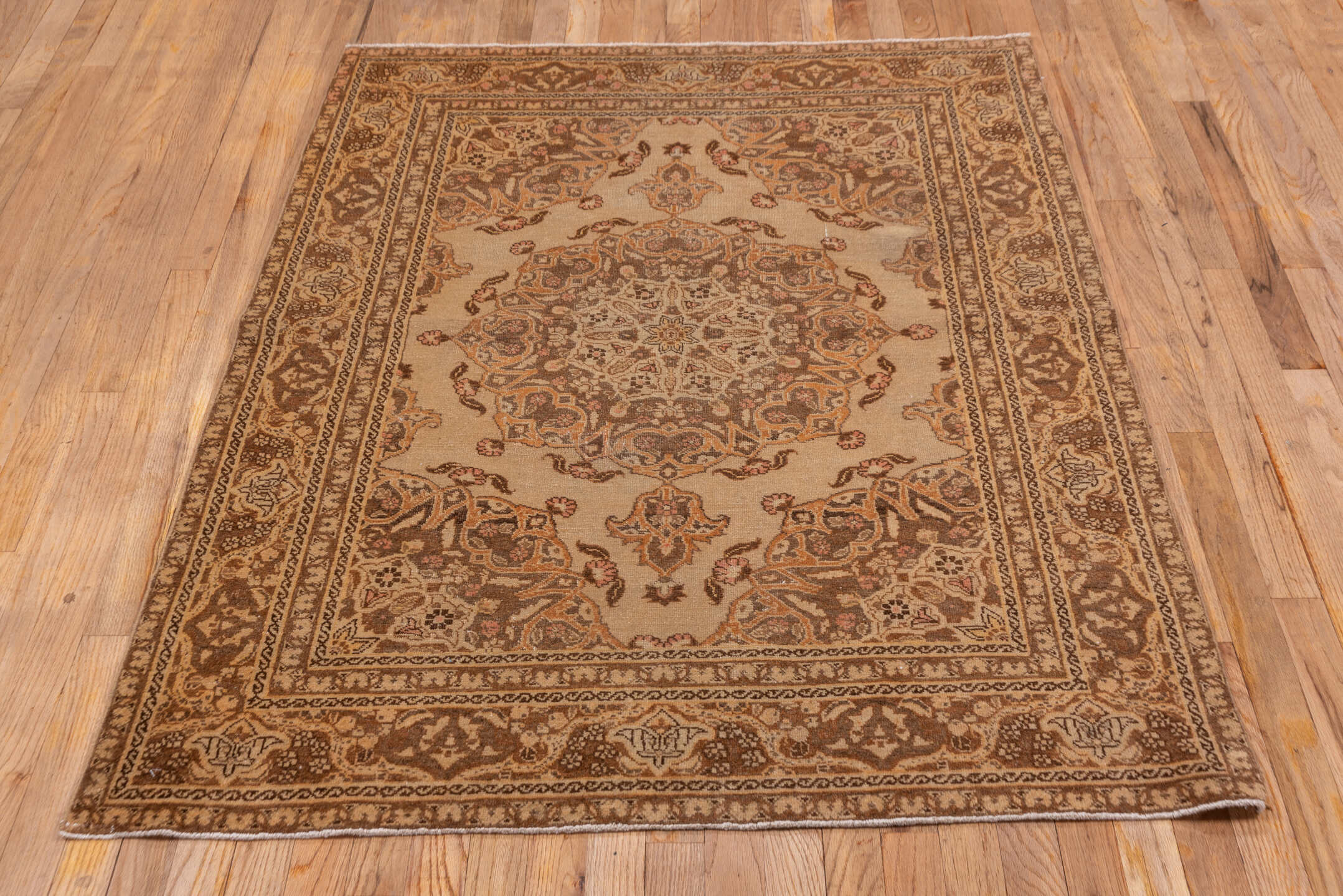 3' x 5' one-of-a-kind handmade vintage Tabriz small size rug. Color palette: camel, taupe, brown, ivory, beige, rose, gray