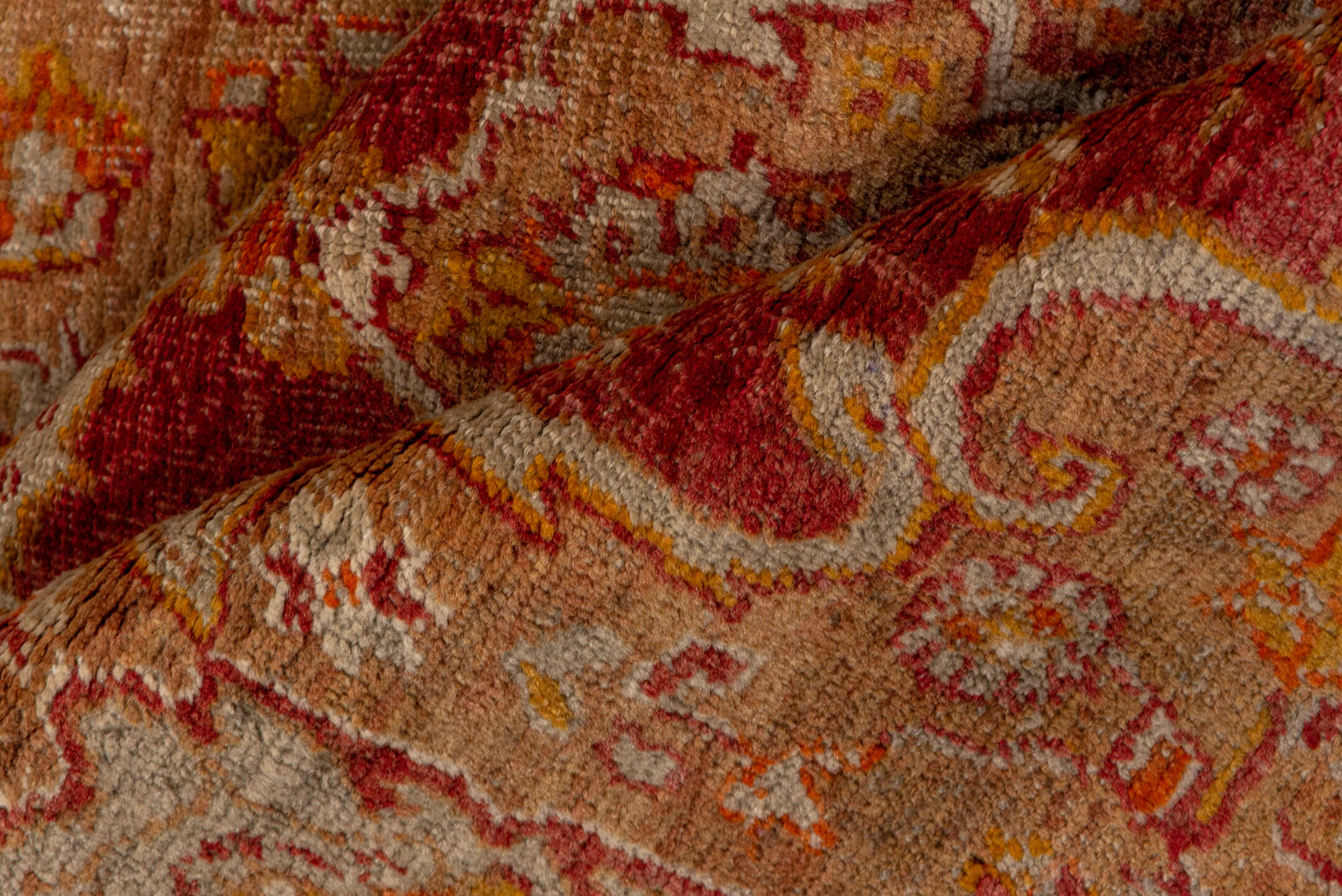 4' x 7' one-of-a-kind handmade vintage Sivas rug. Color palette: rust, terra cotta, rose, ivory, gold, camel, sienna