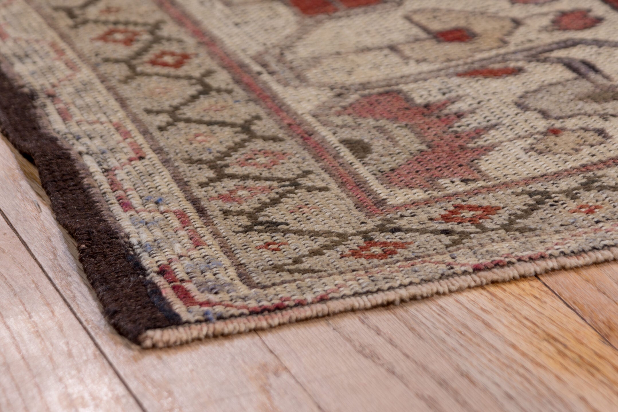 7' x 12' one-of-a-kind handmade vintage Oushak large size rug. Color palette: terra cotta, ivory, rose, taupe, sage