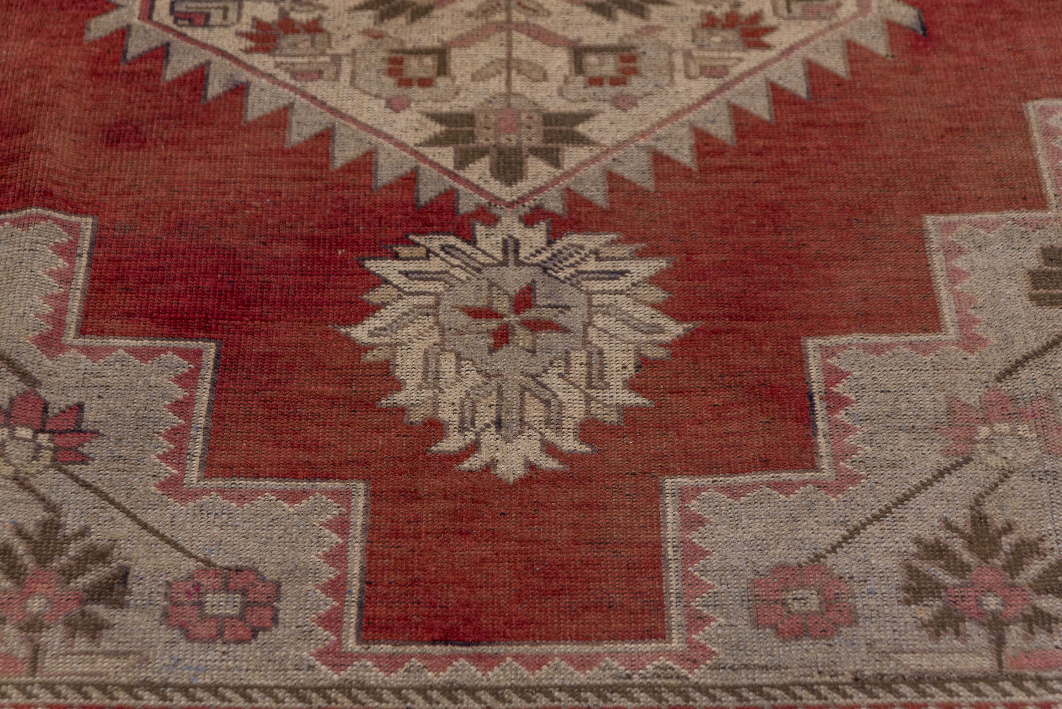 7' x 12' one-of-a-kind handmade vintage Oushak large size rug. Color palette: terra cotta, ivory, rose, taupe, sage
