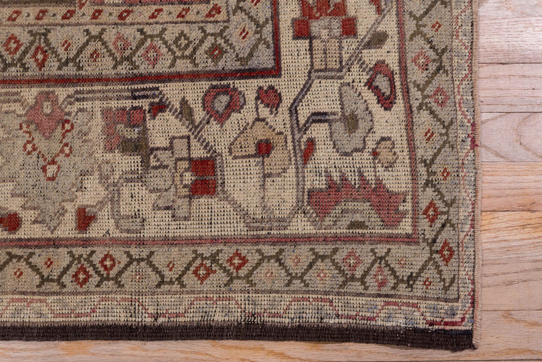 7' x 12' one-of-a-kind handmade vintage Oushak large size rug. Color palette: brown, gray, pink, red, redwood