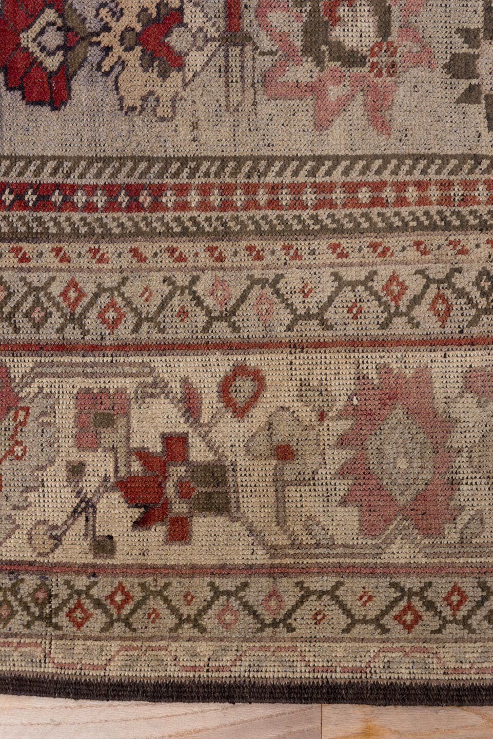 7' x 12' one-of-a-kind handmade vintage Oushak large size rug. Color palette: terra cotta, ivory, rose, taupe, sage