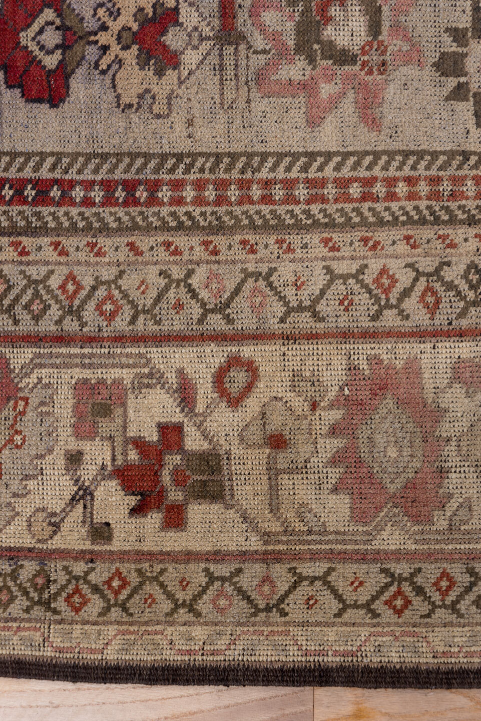 7' x 12' one-of-a-kind handmade vintage Oushak large size rug. Color palette: terra cotta, ivory, rose, taupe, sage