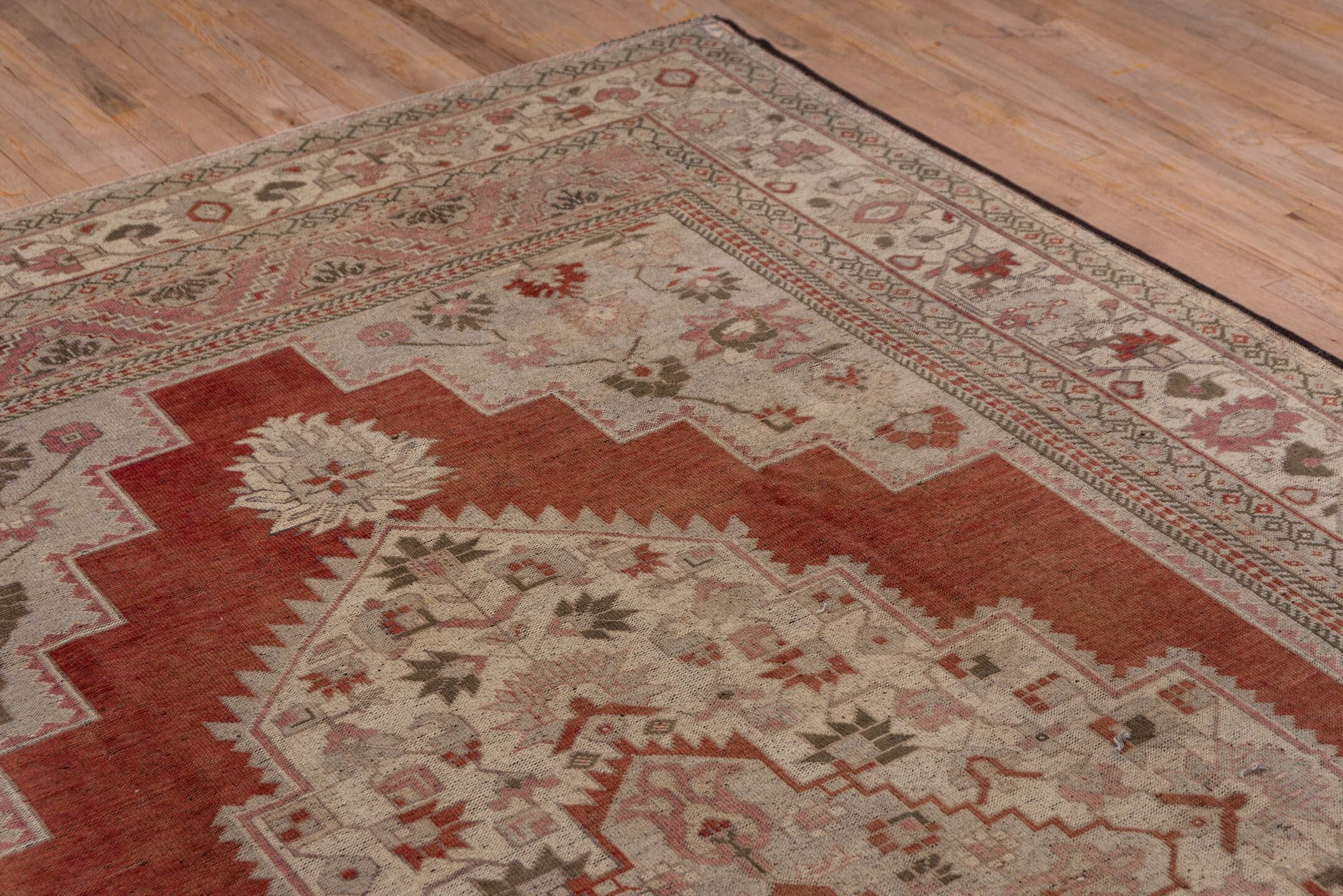 7' x 12' one-of-a-kind handmade vintage Oushak large size rug. Color palette: terra cotta, ivory, rose, taupe, sage