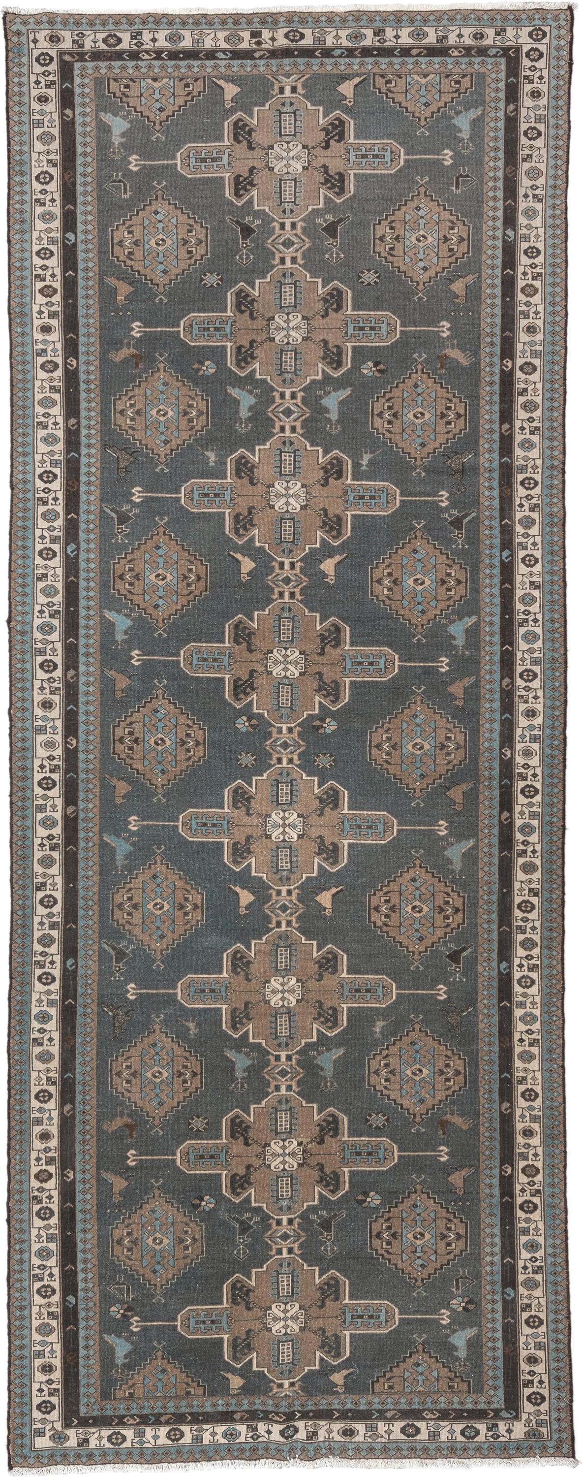 4' x 12' one-of-a-kind handmade vintage Malayer runner rug. Color palette: charcoal, taupe, ivory, sky blue, brown, slate