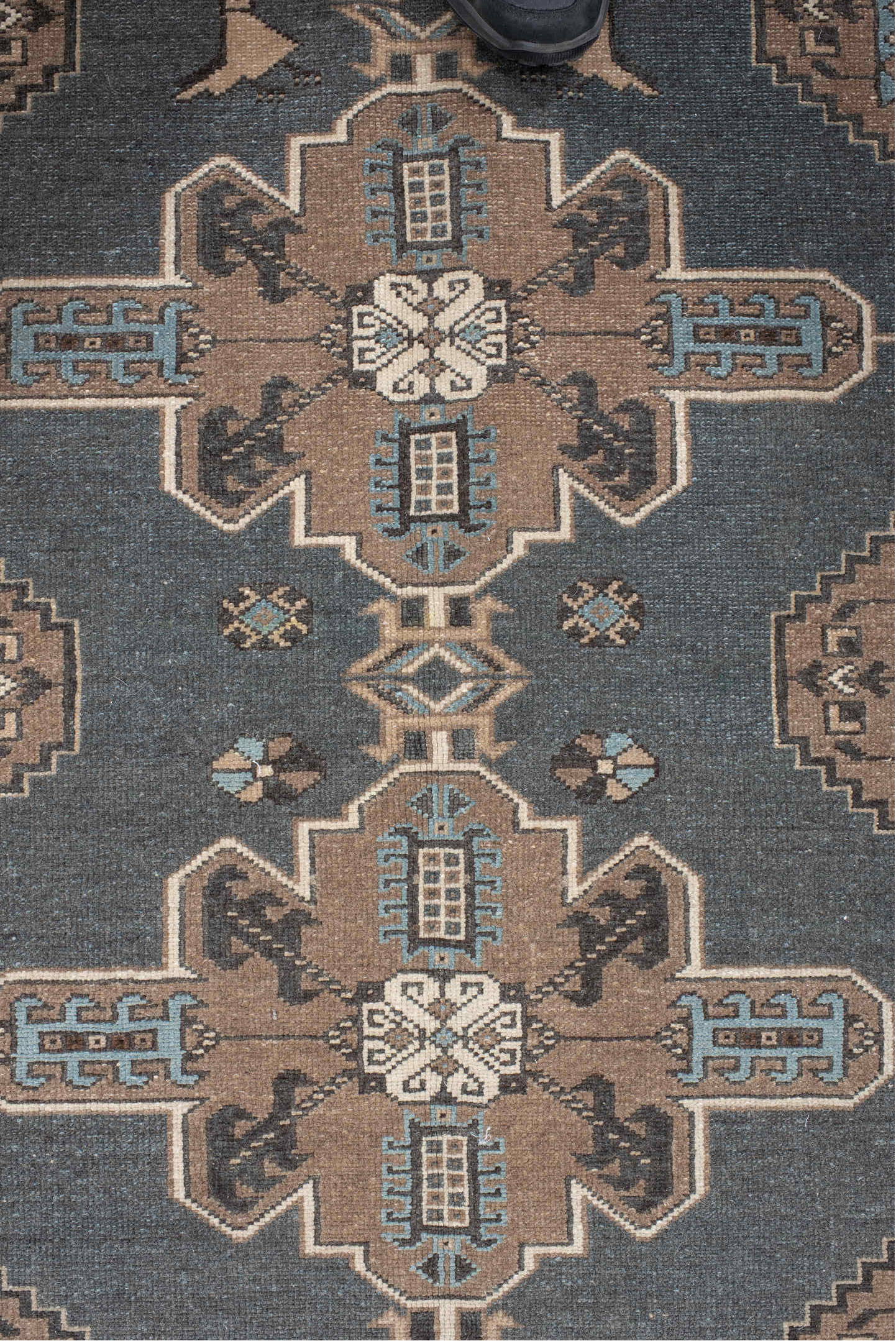 4' x 12' one-of-a-kind handmade vintage Malayer runner rug. Color palette: charcoal, taupe, ivory, sky blue, brown, slate