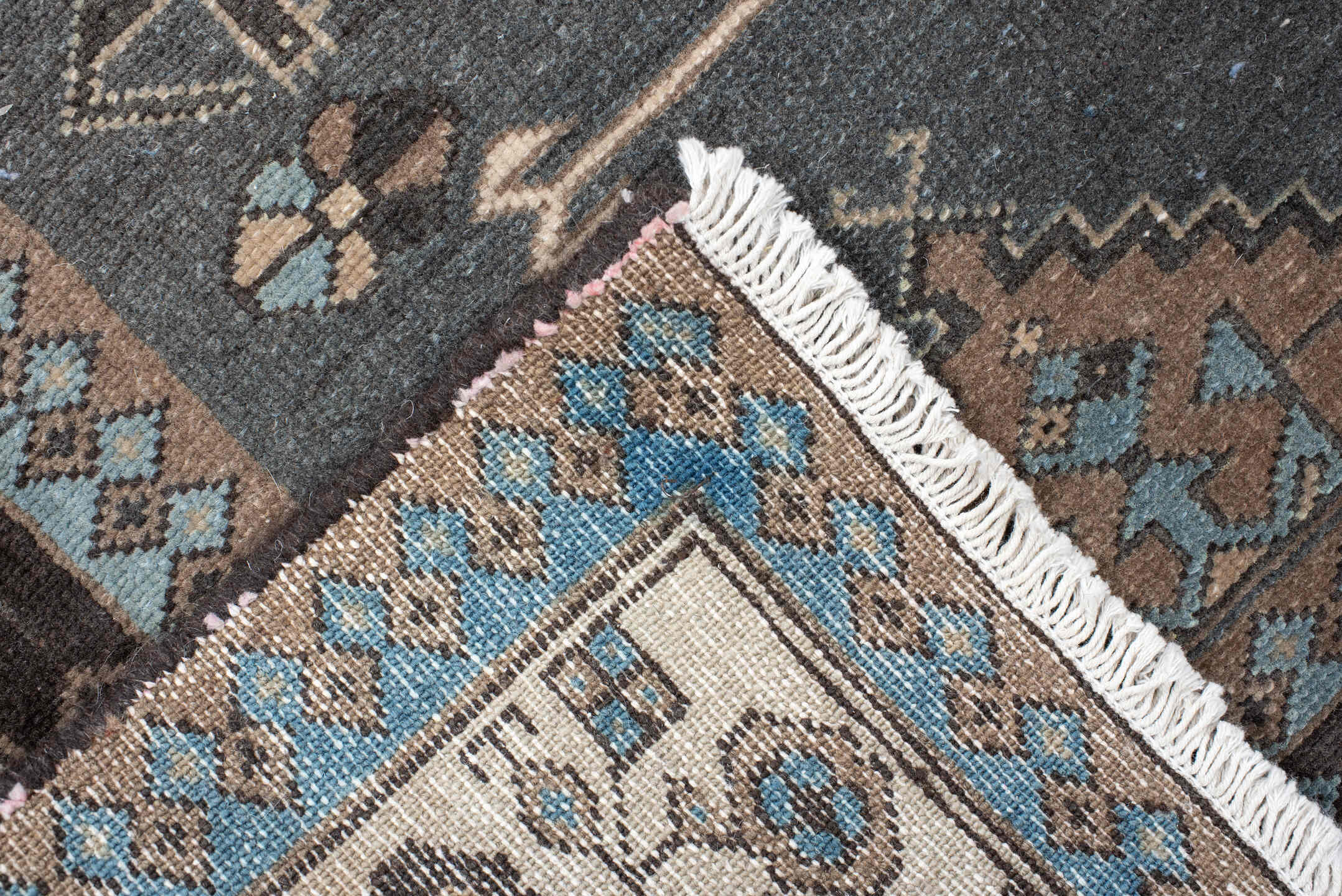 4' x 12' one-of-a-kind handmade vintage Malayer runner rug. Color palette: charcoal, taupe, ivory, sky blue, brown, slate