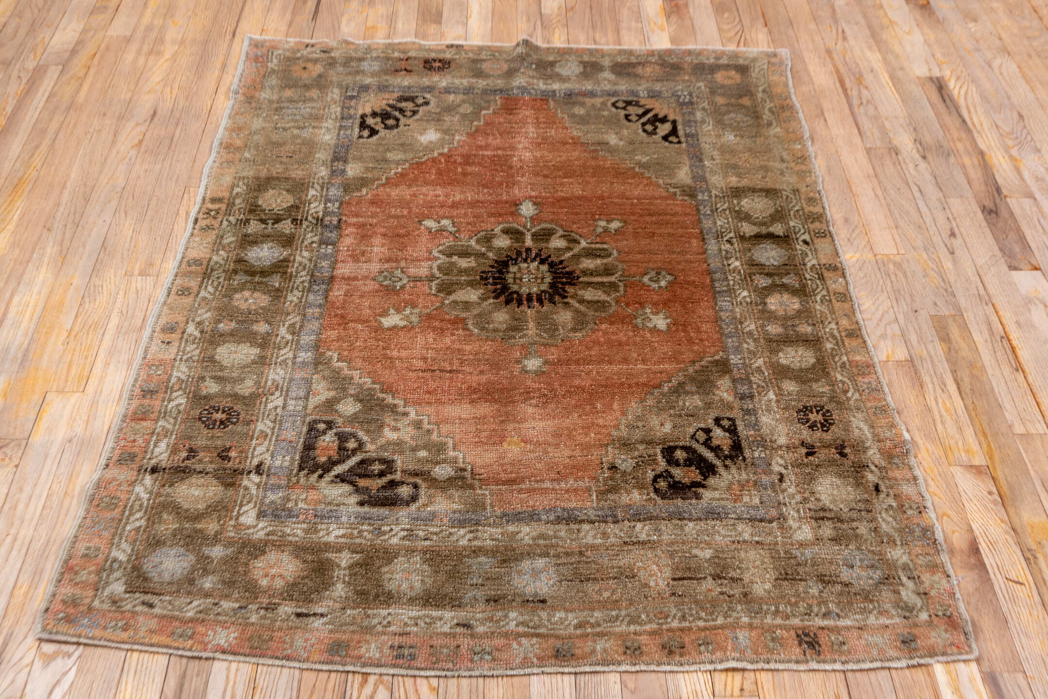 3' x 5' one-of-a-kind handmade vintage Oushak small size rug. Color palette: black, brown, gray, off-white, pink, snow
