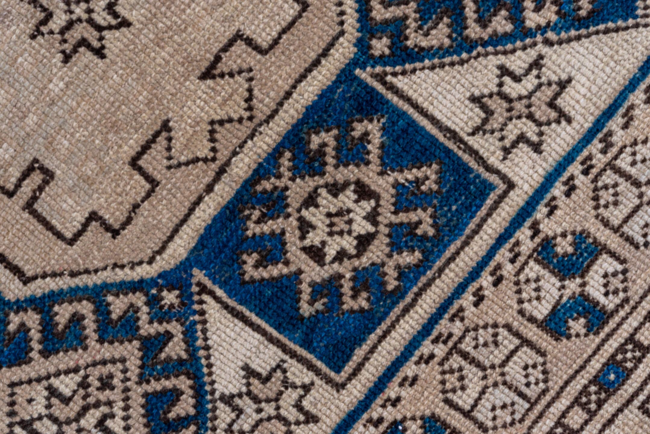 5' x 6' one-of-a-kind handmade vintage Oushak rug. Color palette: ivory, navy, taupe, charcoal, beige, blue, gray, black