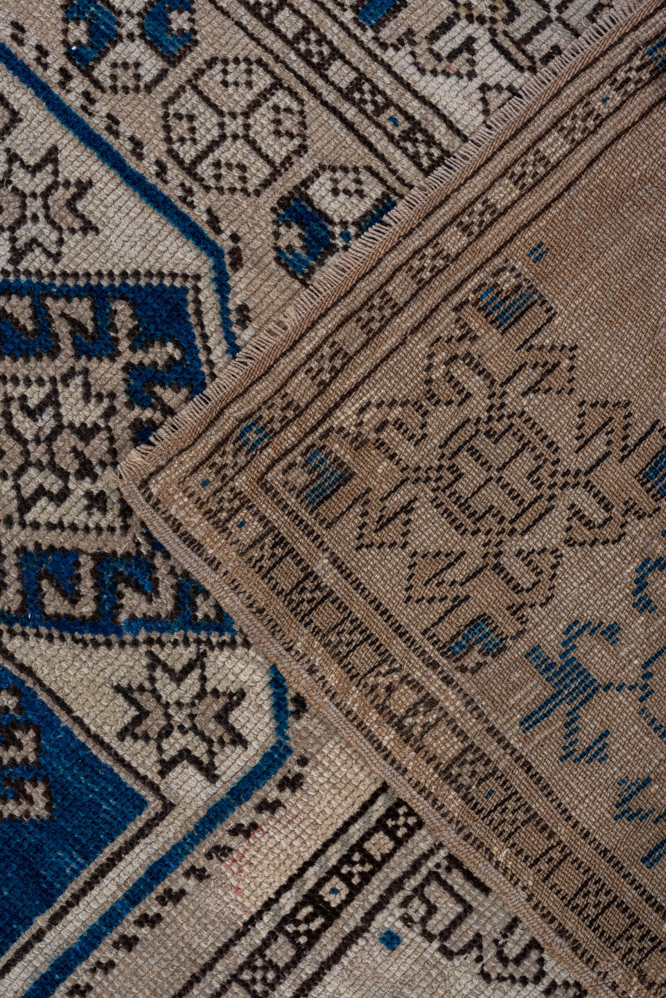 5' x 6' one-of-a-kind handmade vintage Oushak rug. Color palette: ivory, navy, taupe, charcoal, beige, blue, gray, black