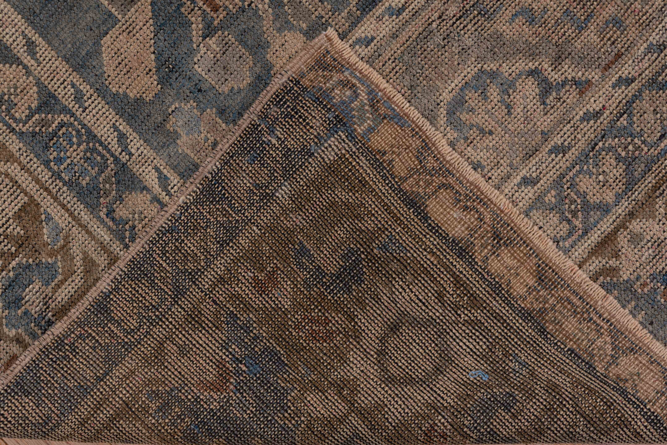 6' x 10' one-of-a-kind handmade vintage Oushak large size rug. Color palette: taupe, slate, ivory, camel, rust, blue, brown