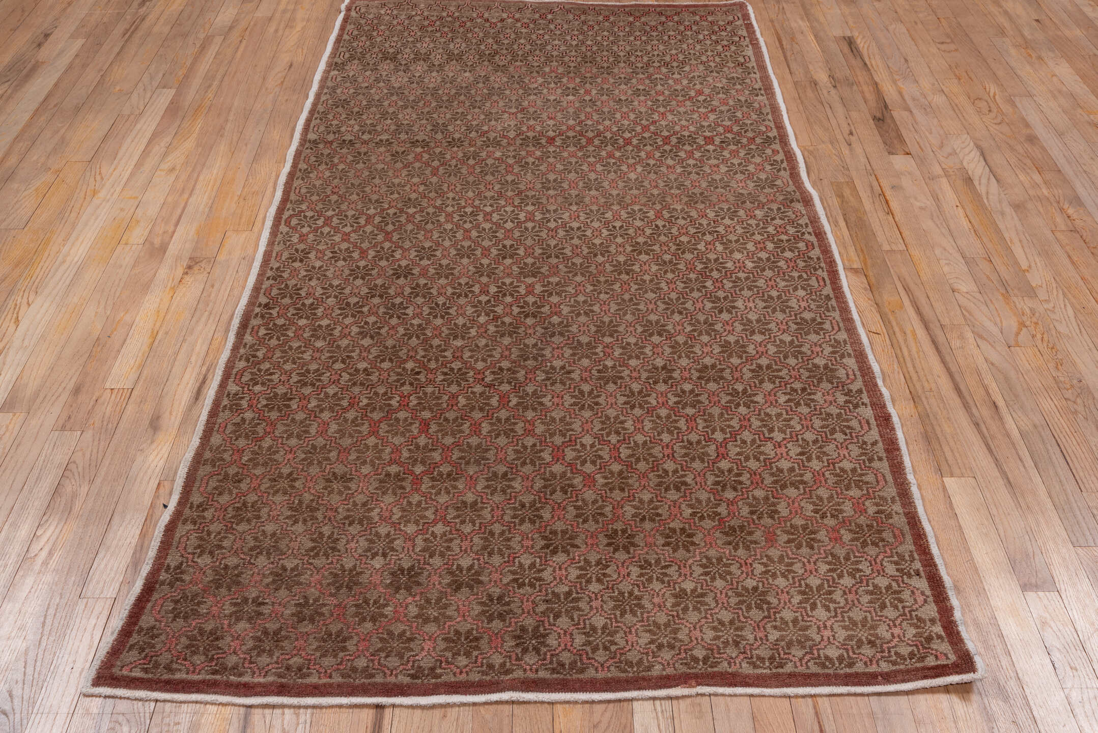4' x 8' one-of-a-kind handmade vintage Oushak rug. Color palette: brown, gray, light gray, off-white, pink