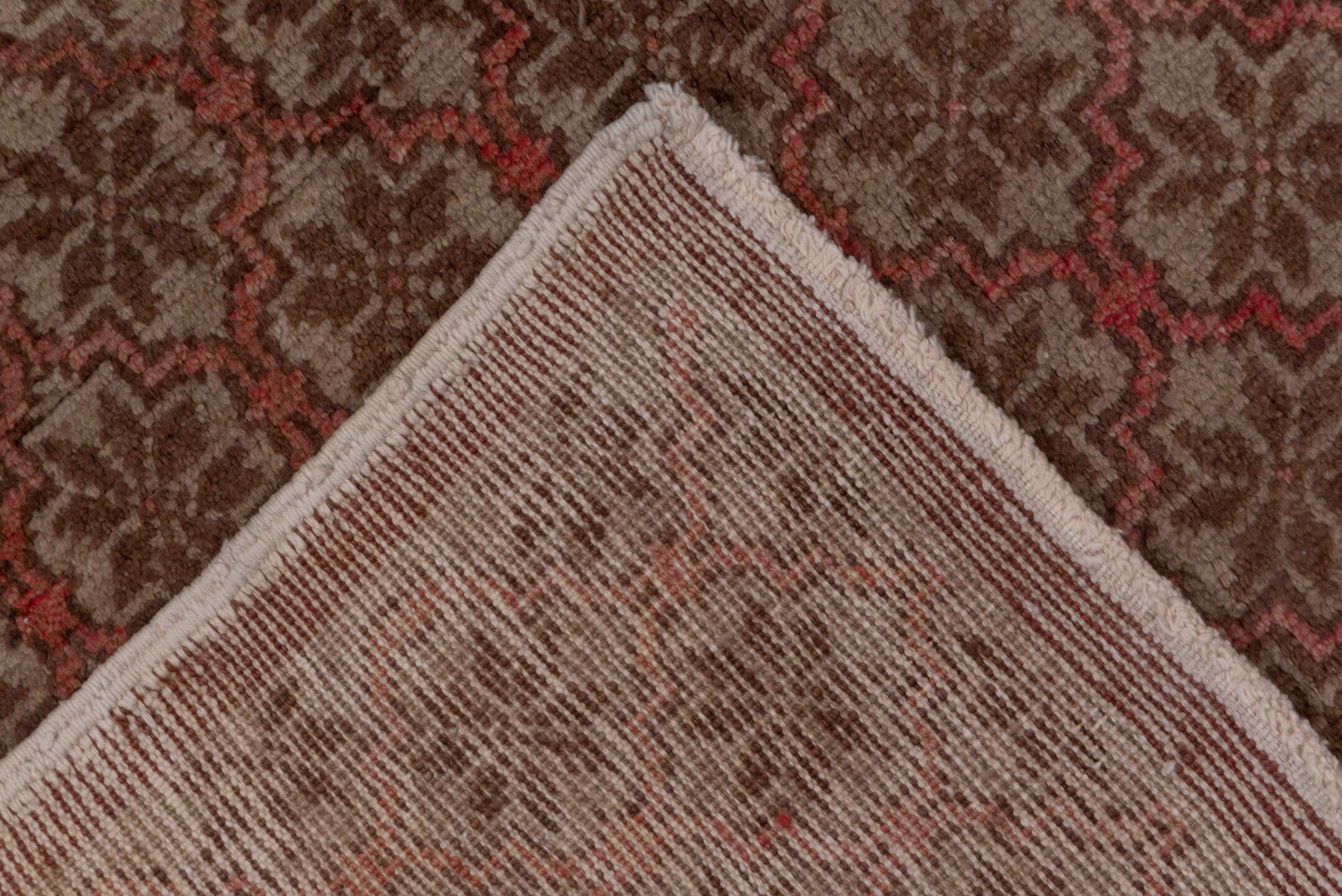 4' x 8' one-of-a-kind handmade vintage Oushak rug. Color palette: rose, taupe, dusty rose, brown, terracotta, pink, red