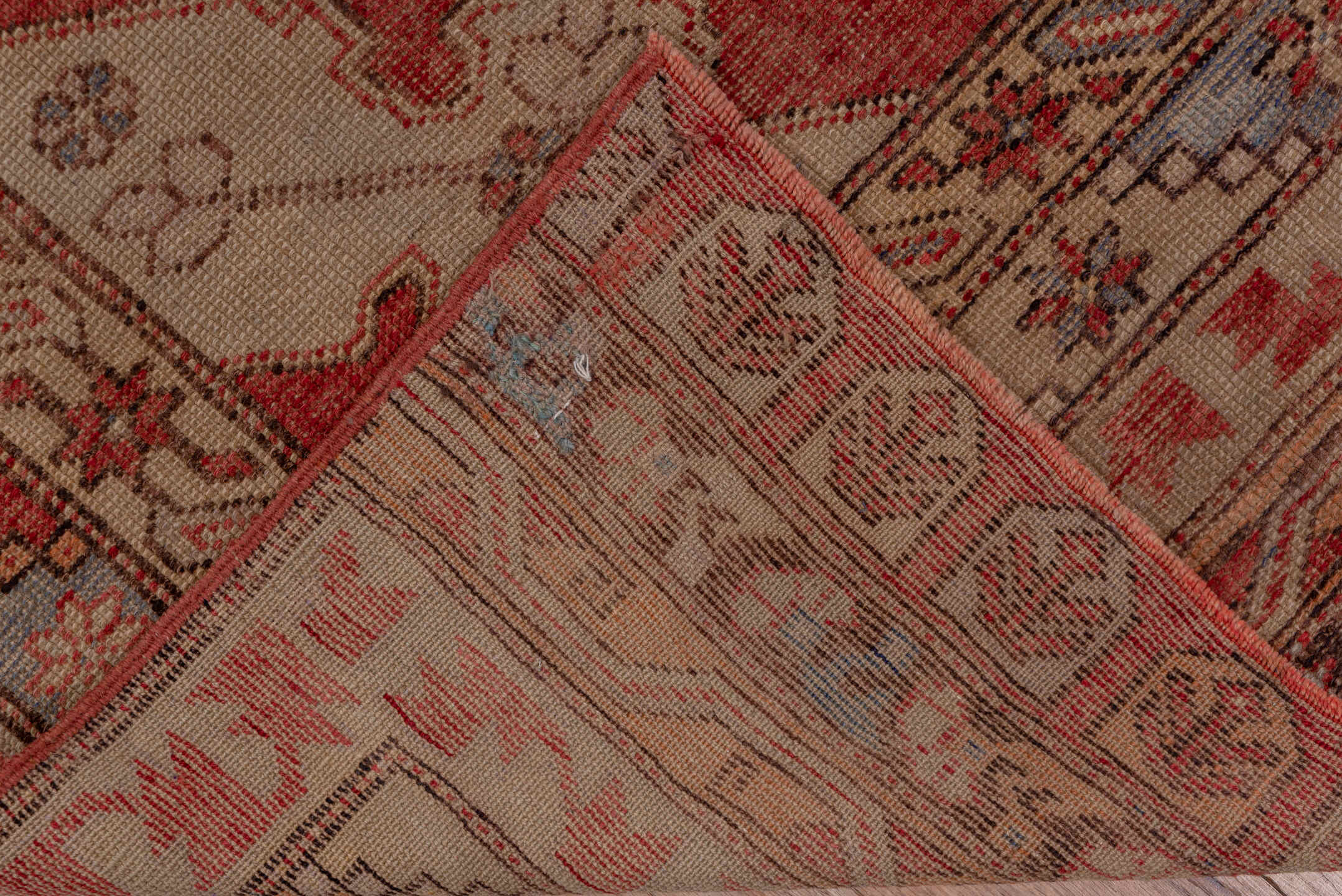 3' x 12' one-of-a-kind handmade vintage Oushak runner rug. Color palette: brown, gray, off-white, pink, red, snow, white