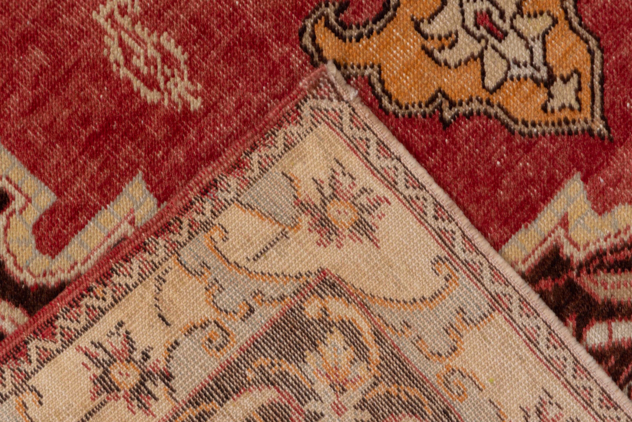 4' x 6' one-of-a-kind handmade vintage Oushak small size rug. Color palette: ivory, rust, burgundy, gold, brown, camel