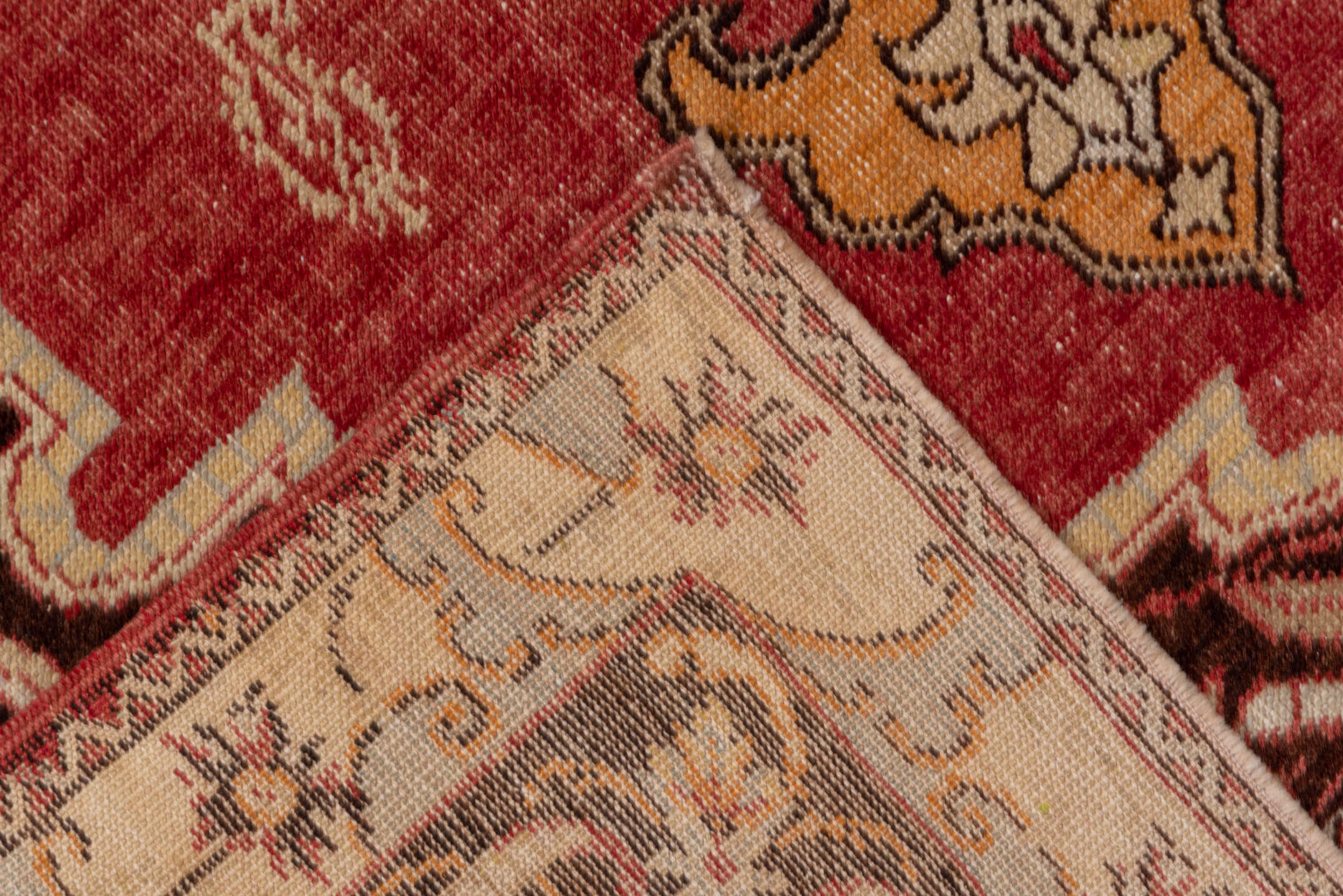 4' x 6' one-of-a-kind handmade vintage Oushak small size rug. Color palette: ivory, rust, burgundy, gold, brown, camel