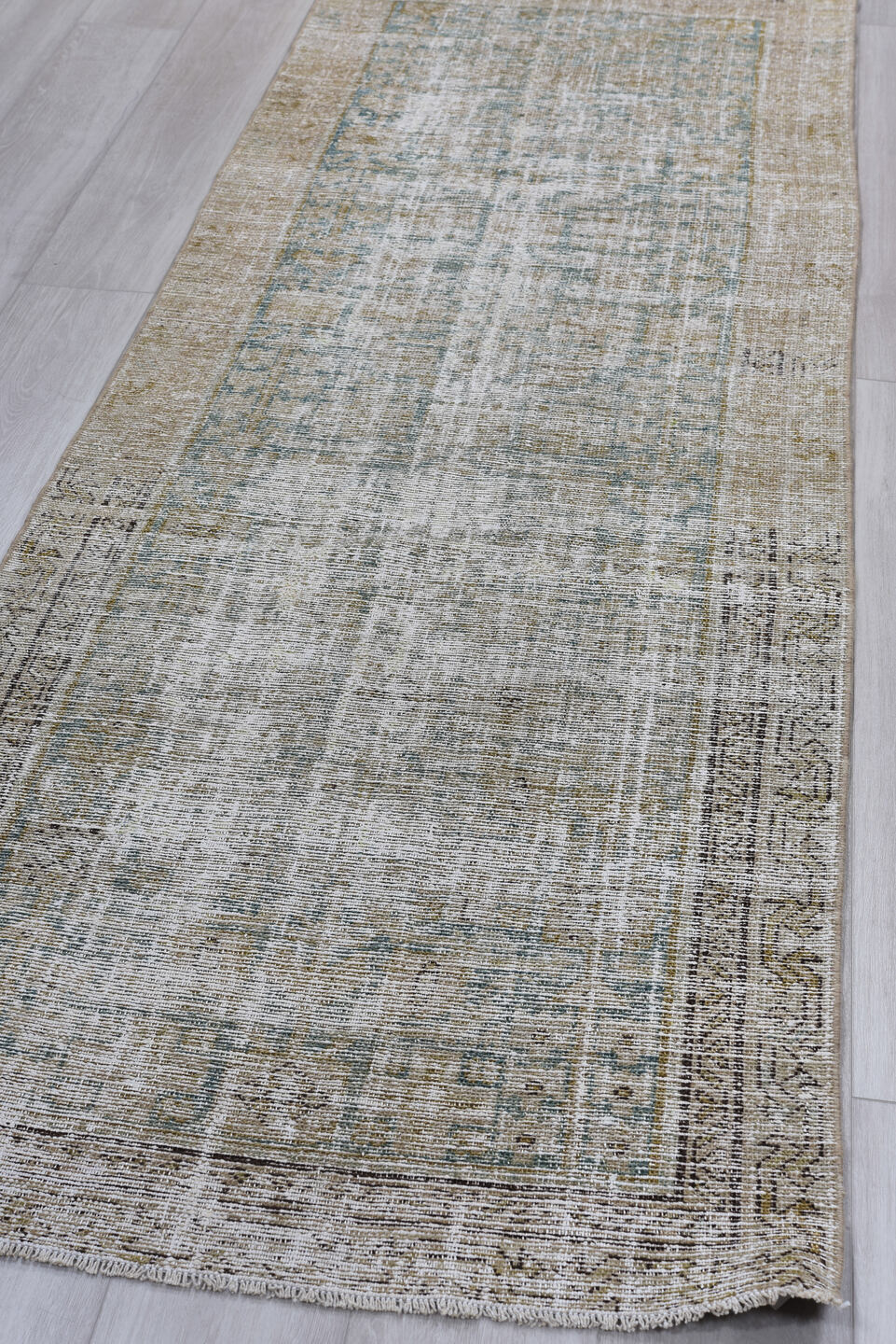 3' x 9' one-of-a-kind handmade vintage Malayer runner rug. Color palette: taupe, ivory, gray, slate, beige