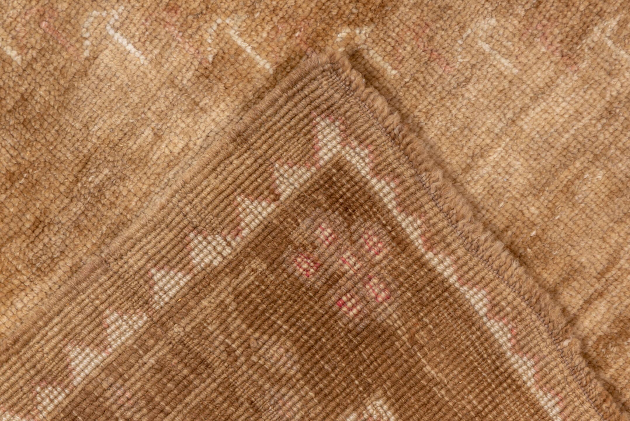 7' x 9' one-of-a-kind handmade vintage Oushak rug. Color palette: camel, ivory, taupe, beige, tan, brown, gray