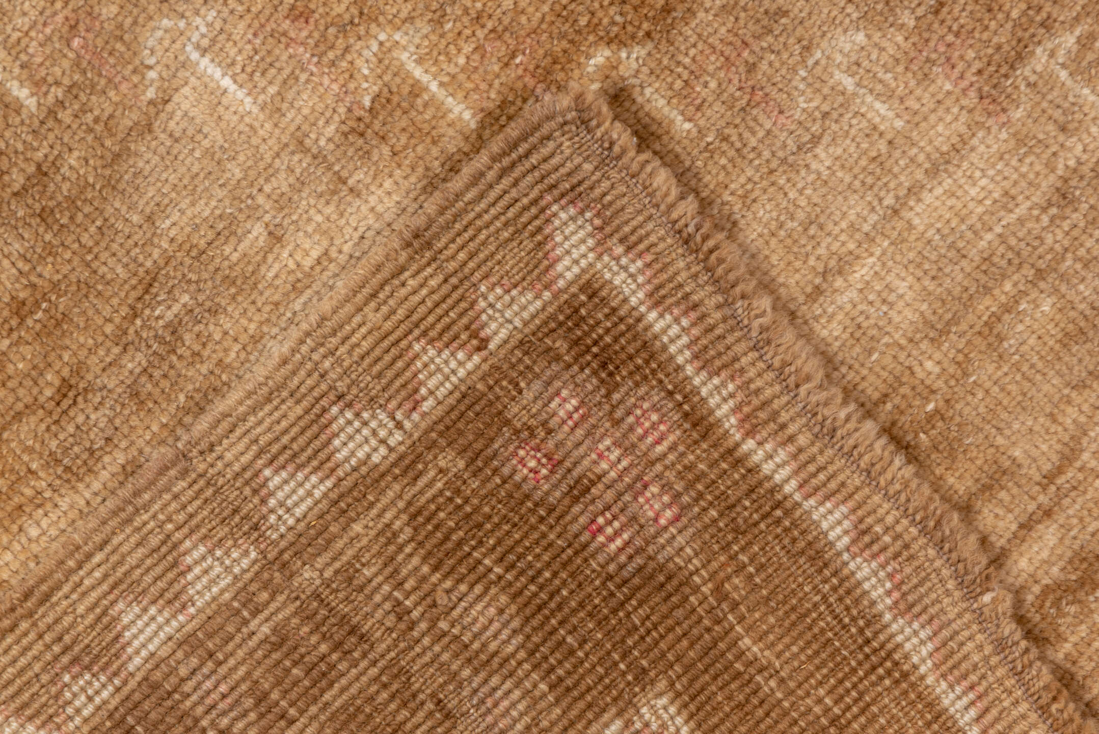 7' x 9' one-of-a-kind handmade vintage Oushak rug. Color palette: camel, ivory, taupe, beige, tan, brown, gray