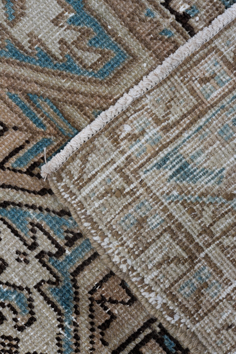 6' x 8' one-of-a-kind handmade antique Heriz medium size rug. Color palette: ivory, sky blue, taupe, brown, camel, charcoal