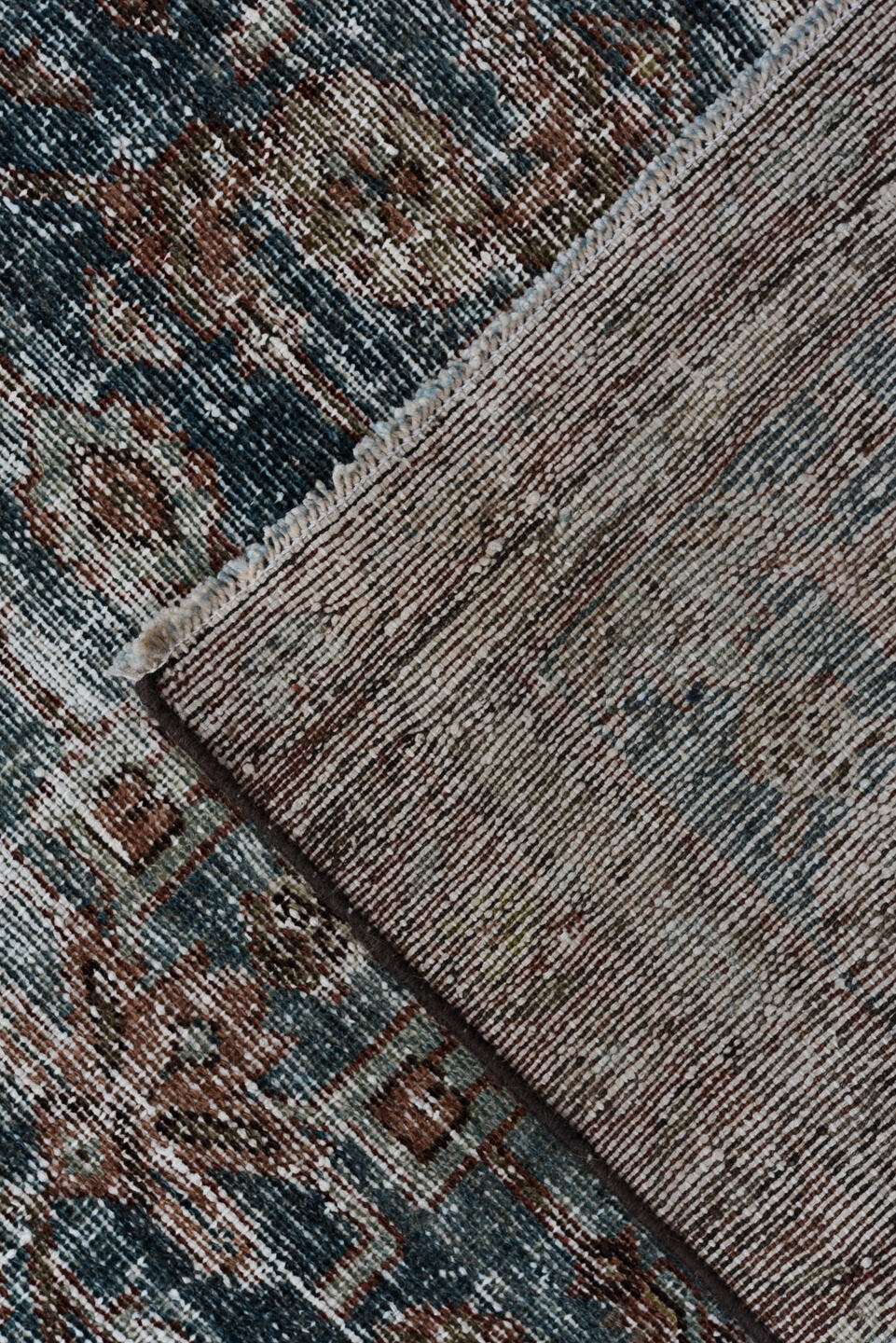 2' x 9' one-of-a-kind handmade vintage Malayer runner rug. Color palette: blue, brown, rust, ivory, charcoal, taupe