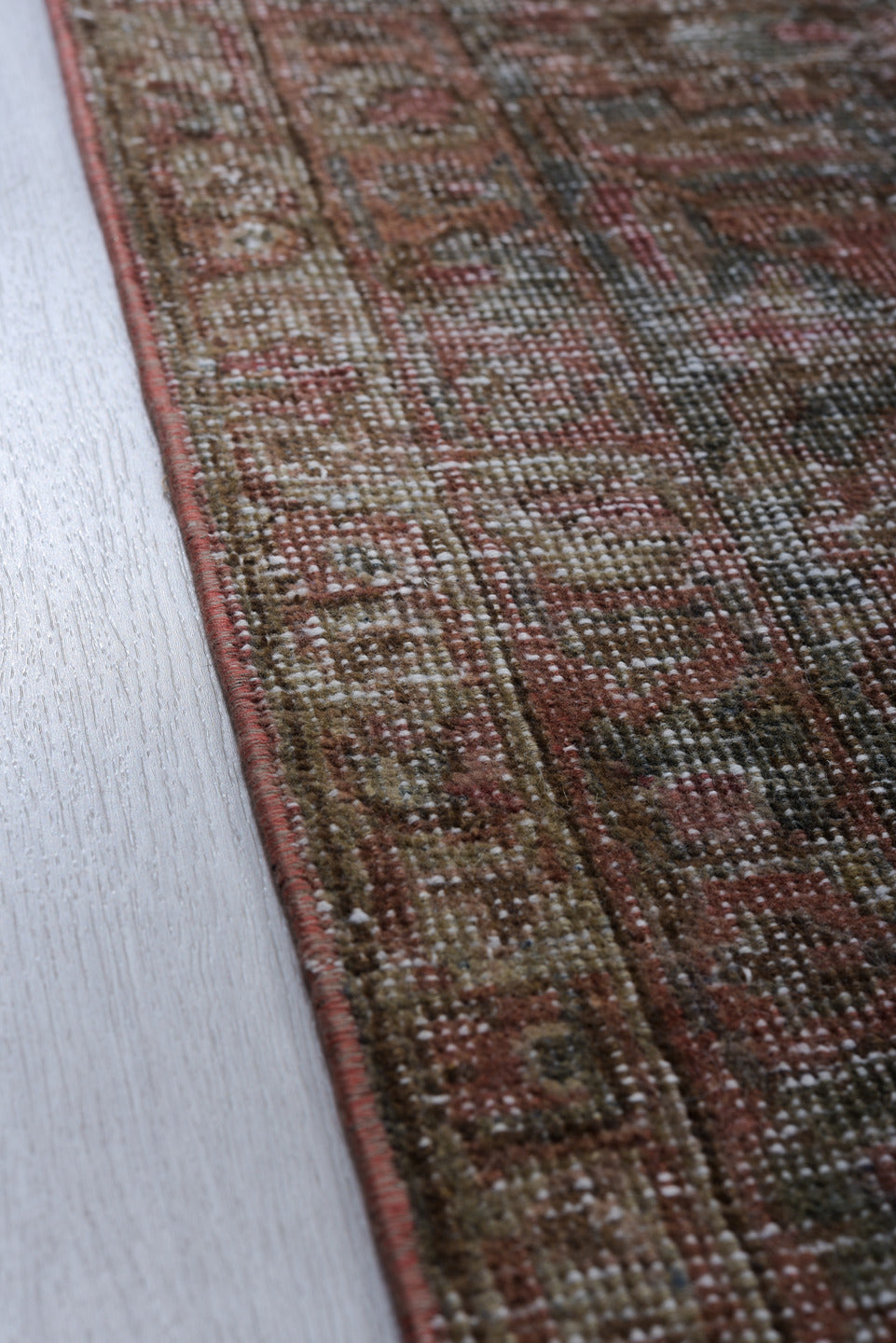 9' x 12' one-of-a-kind handmade vintage Mahal large size rug. Color palette: taupe, rose, charcoal, slate, burgundy, ivory