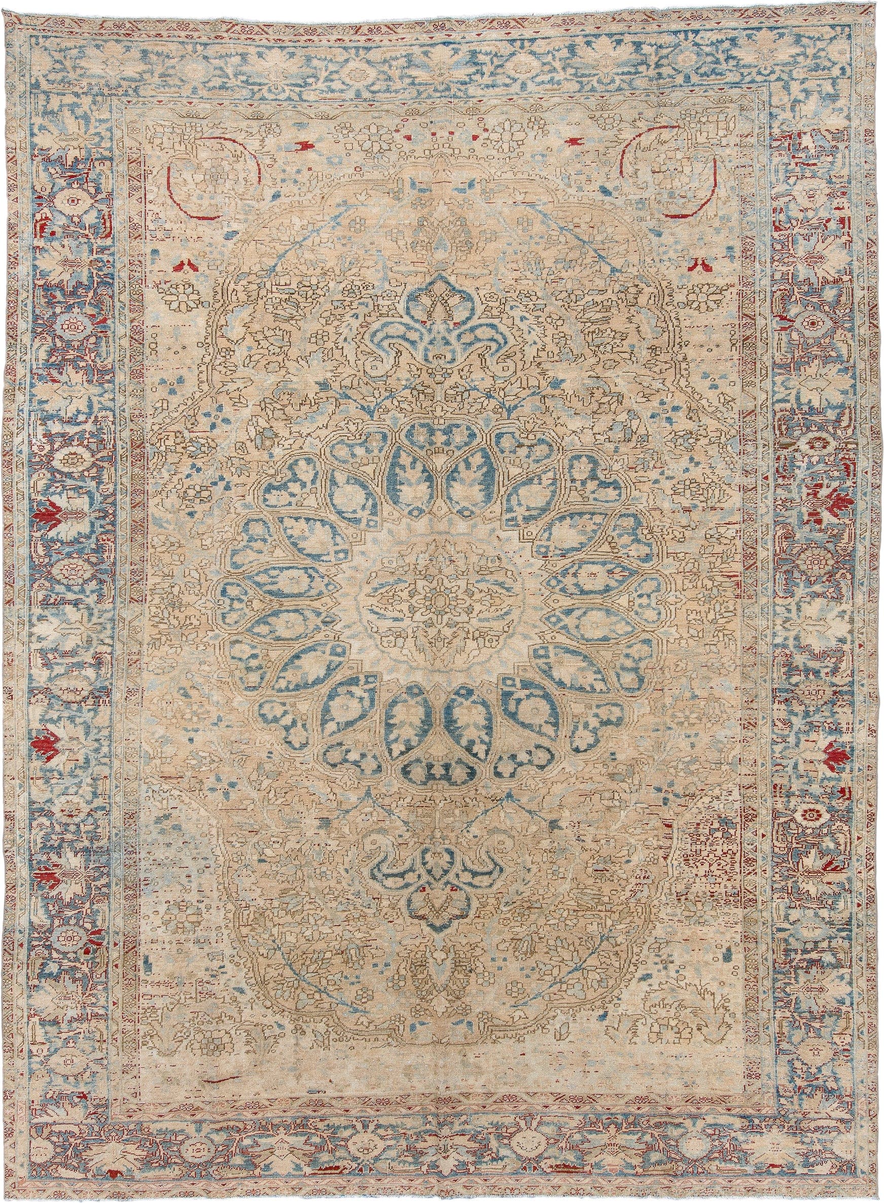 9' x 12' one-of-a-kind handmade vintage Heriz large size rug. Color palette: ivory, sky blue, beige, taupe, rust, camel