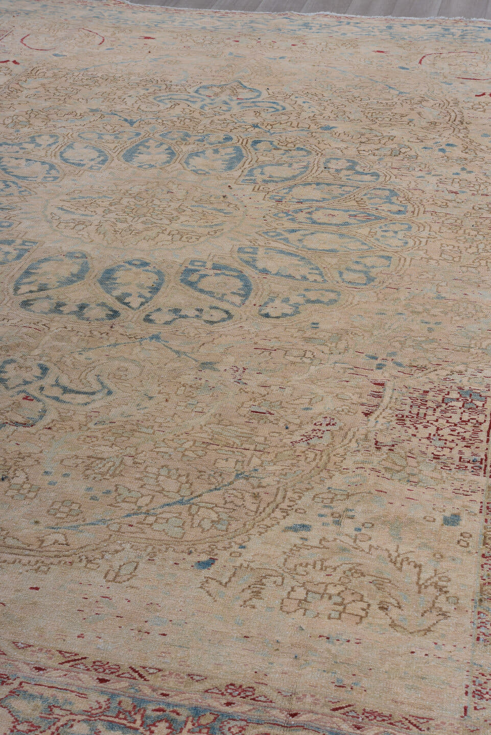 9' x 12' one-of-a-kind handmade vintage Heriz large size rug. Color palette: ivory, sky blue, beige, taupe, rust, camel