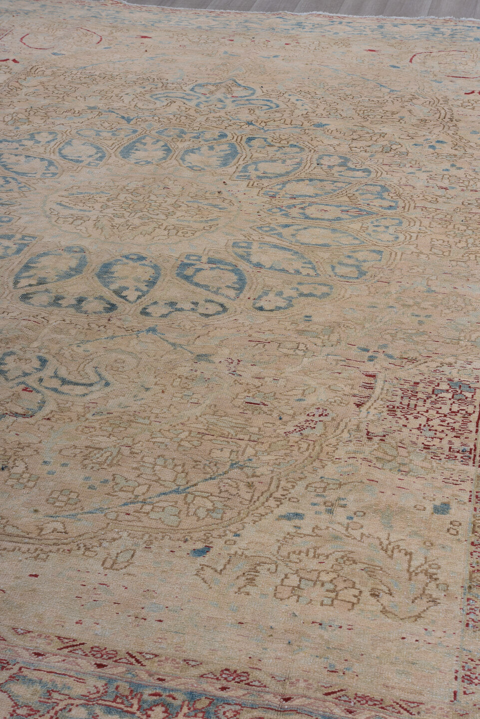 9' x 12' one-of-a-kind handmade vintage Heriz large size rug. Color palette: ivory, sky blue, beige, taupe, rust, camel