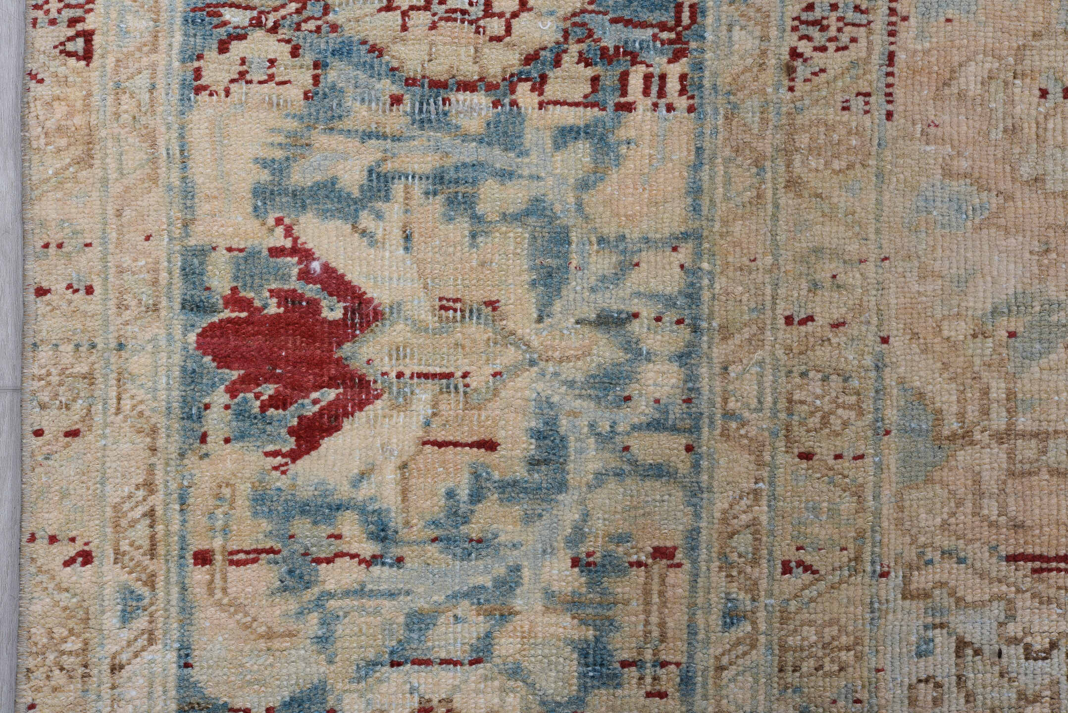 9' x 12' one-of-a-kind handmade vintage Heriz large size rug. Color palette: ivory, sky blue, beige, taupe, rust, camel