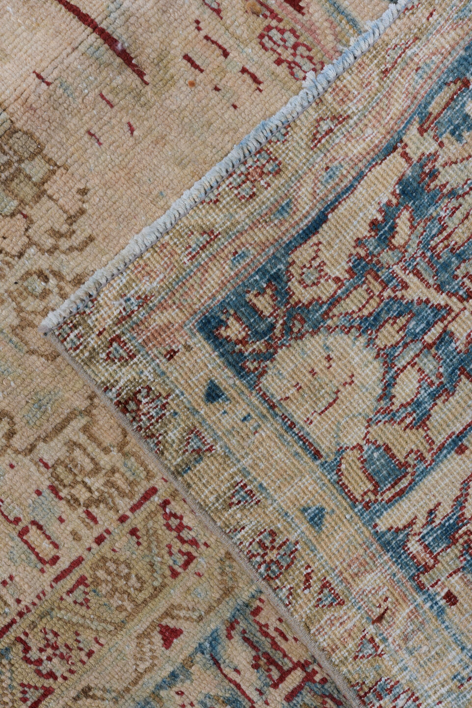 9' x 12' one-of-a-kind handmade vintage Heriz large size rug. Color palette: ivory, sky blue, beige, taupe, rust, camel
