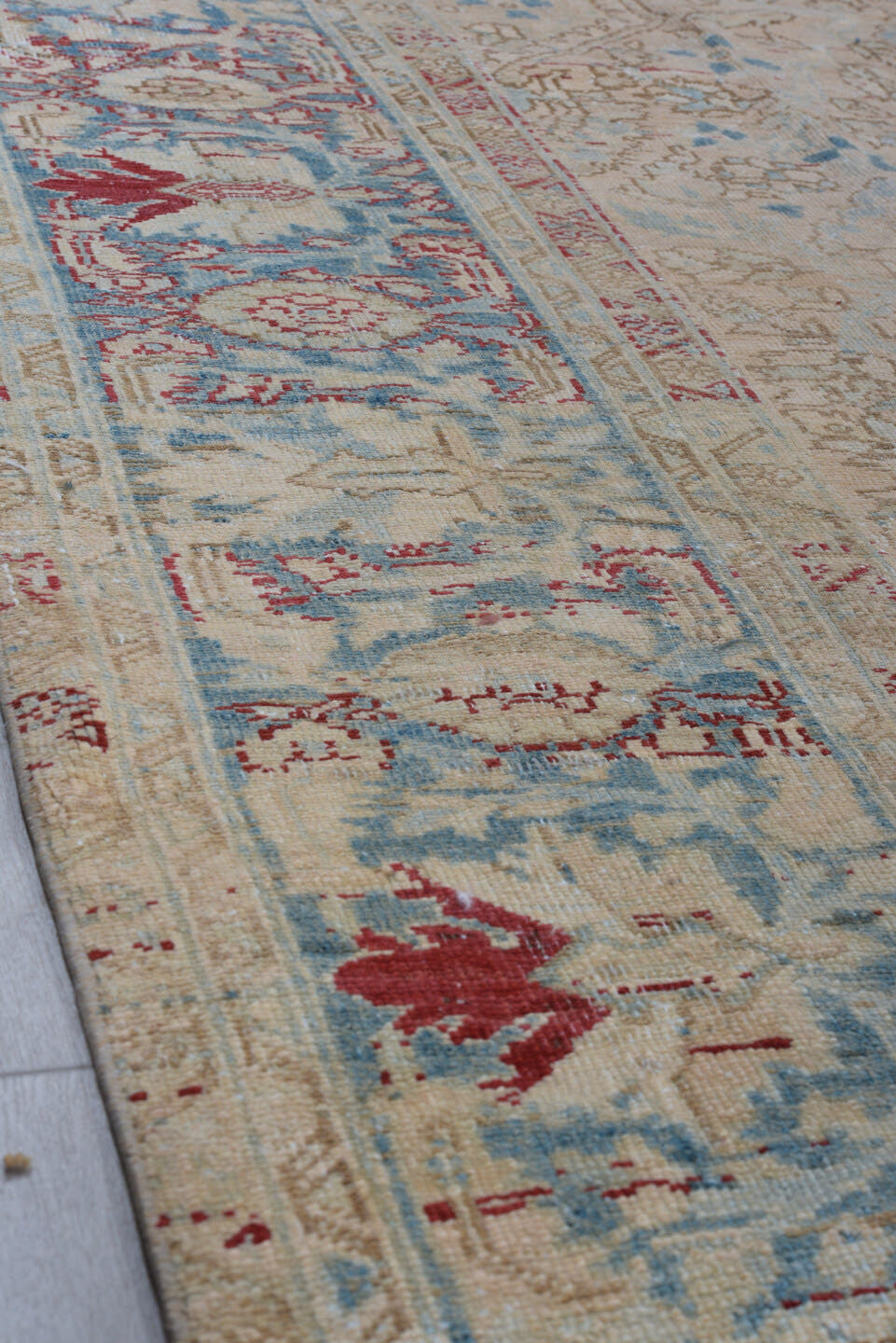 9' x 12' one-of-a-kind handmade vintage Heriz large size rug. Color palette: ivory, sky blue, beige, taupe, rust, camel