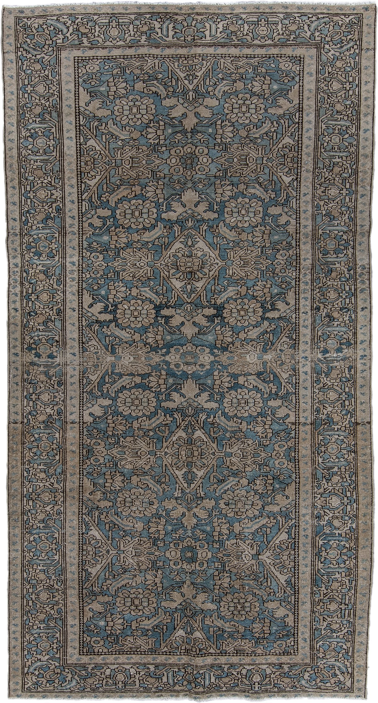 5' x 10' one-of-a-kind handmade antique Malayer runner rug. Color palette: blue, ivory, taupe, slate, charcoal, beige, gray