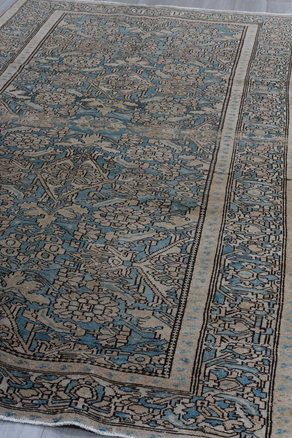 5' x 10' one-of-a-kind handmade antique Malayer runner rug. Color palette: blue, ivory, taupe, slate, charcoal, beige, gray
