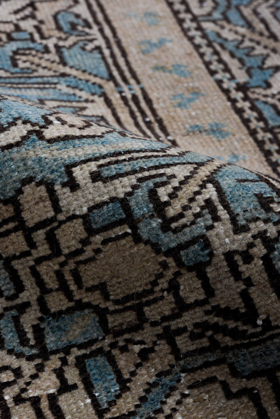 5' x 10' one-of-a-kind handmade antique Malayer runner rug. Color palette: blue, ivory, taupe, slate, charcoal, beige, gray
