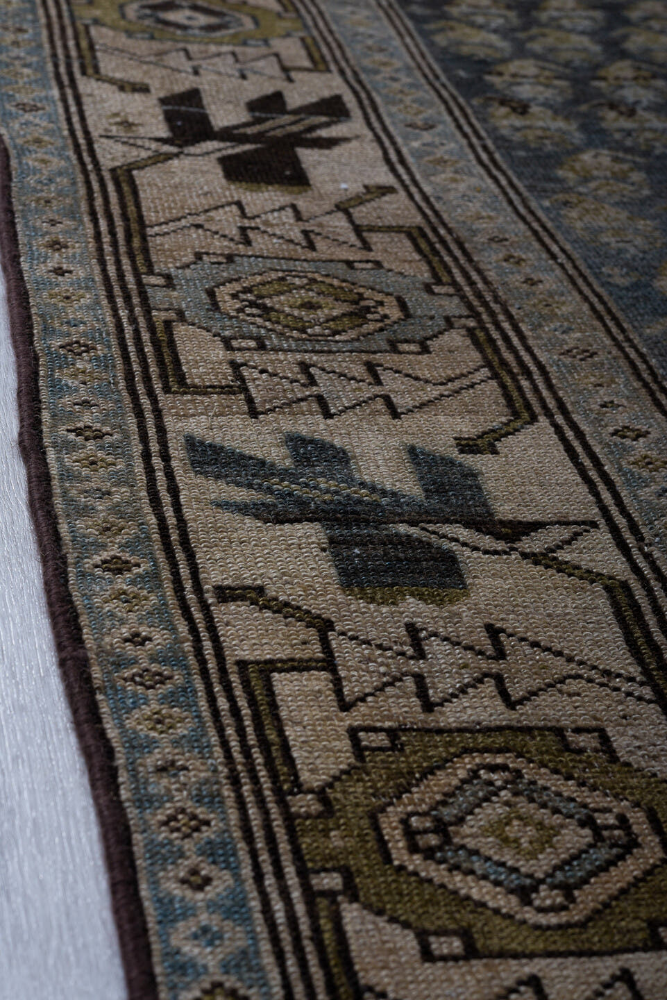 3' x 12' one-of-a-kind handmade vintage NW Persian runner rug. Color palette: ivory, blue, charcoal, slate, taupe, camel