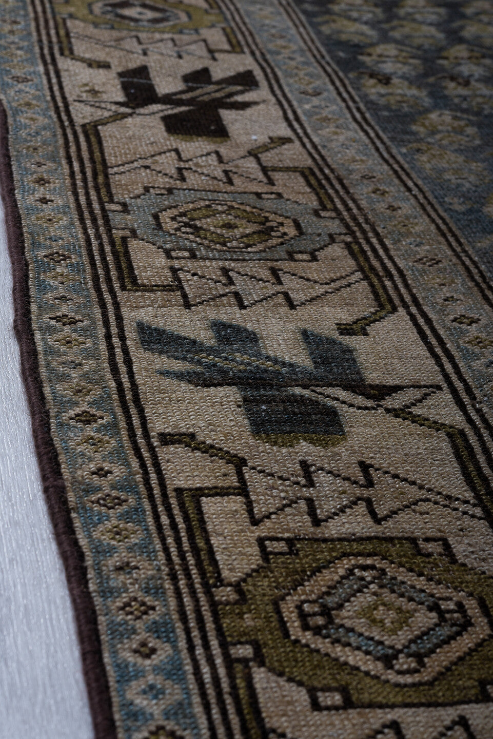 3' x 12' one-of-a-kind handmade vintage NW Persian runner rug. Color palette: ivory, blue, charcoal, slate, taupe, camel