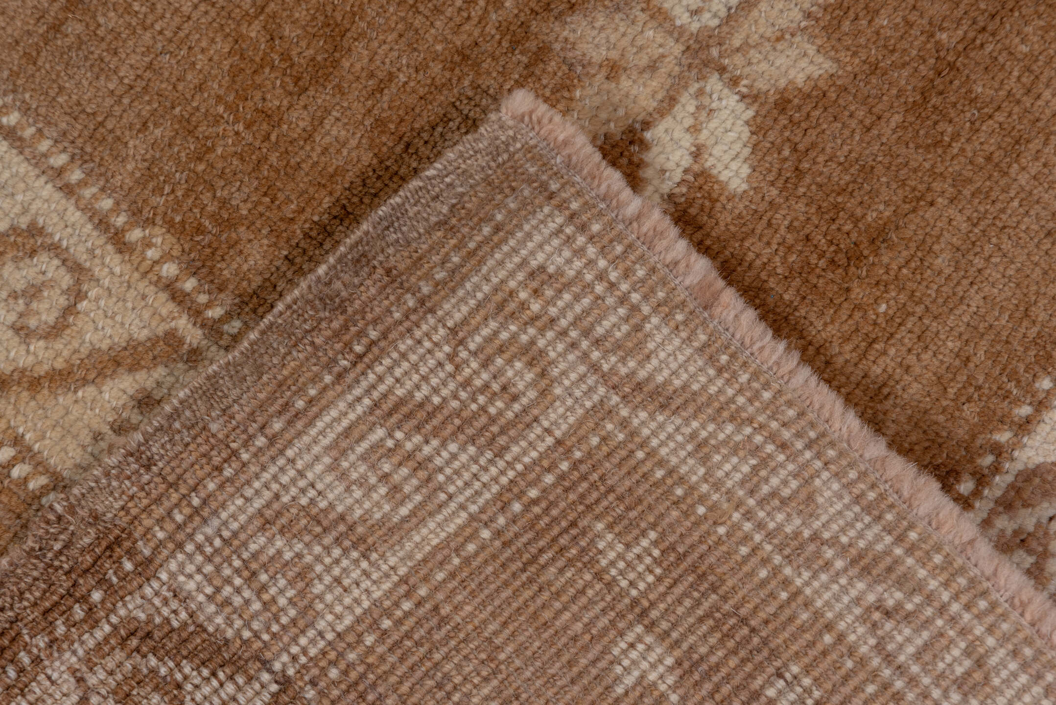 5' x 9' one-of-a-kind handmade vintage Oushak medium size rug. Color palette: camel, taupe, ivory, tan, brown, beige, gray