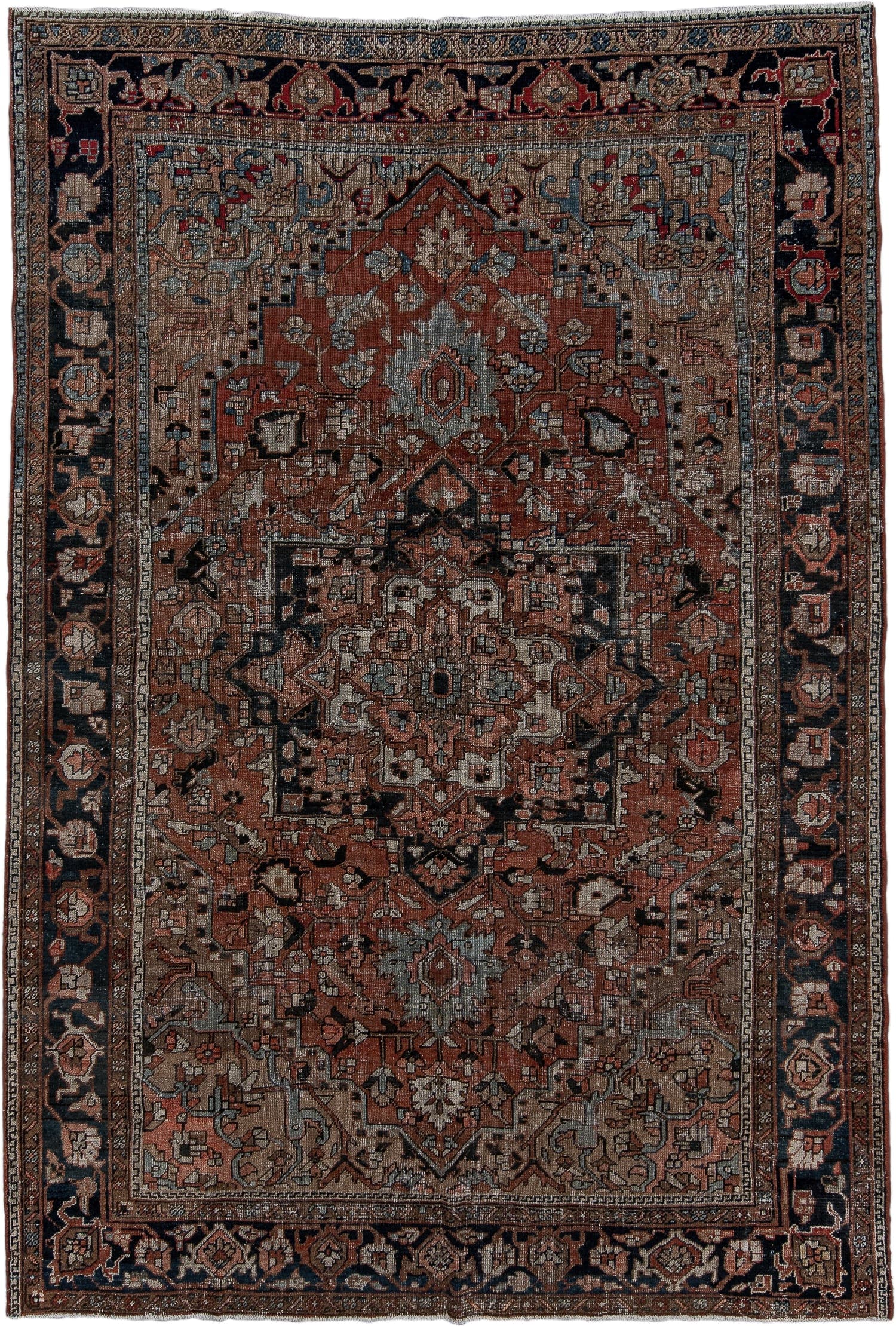 6' x 9' one-of-a-kind handmade antique Heriz medium size rug. Color palette: terra cotta, navy, ivory, slate, taupe, rust