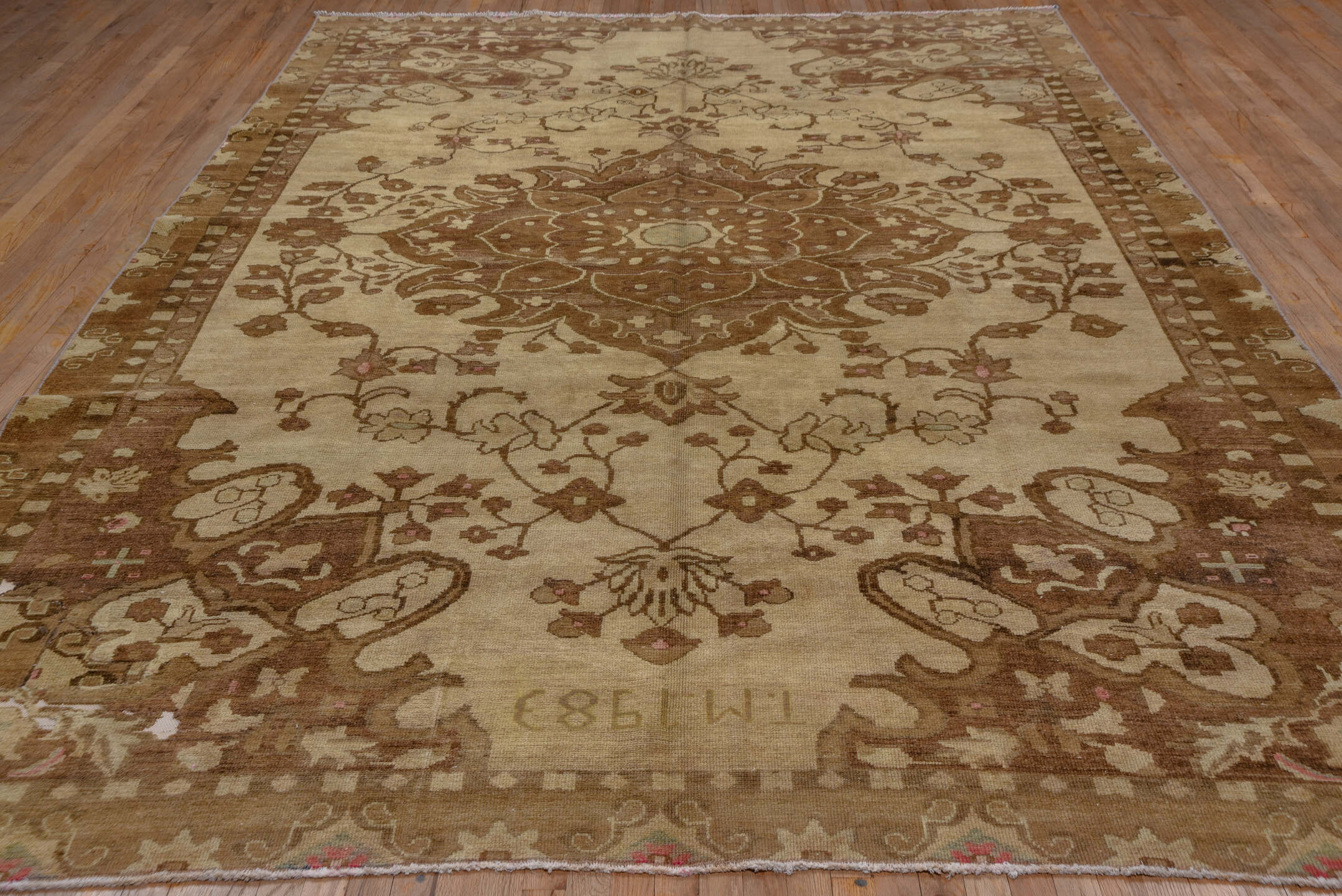 8' x 12' one-of-a-kind handmade vintage Oushak large size rug. Color palette: ivory, brown, taupe, camel, rose, pale_blue